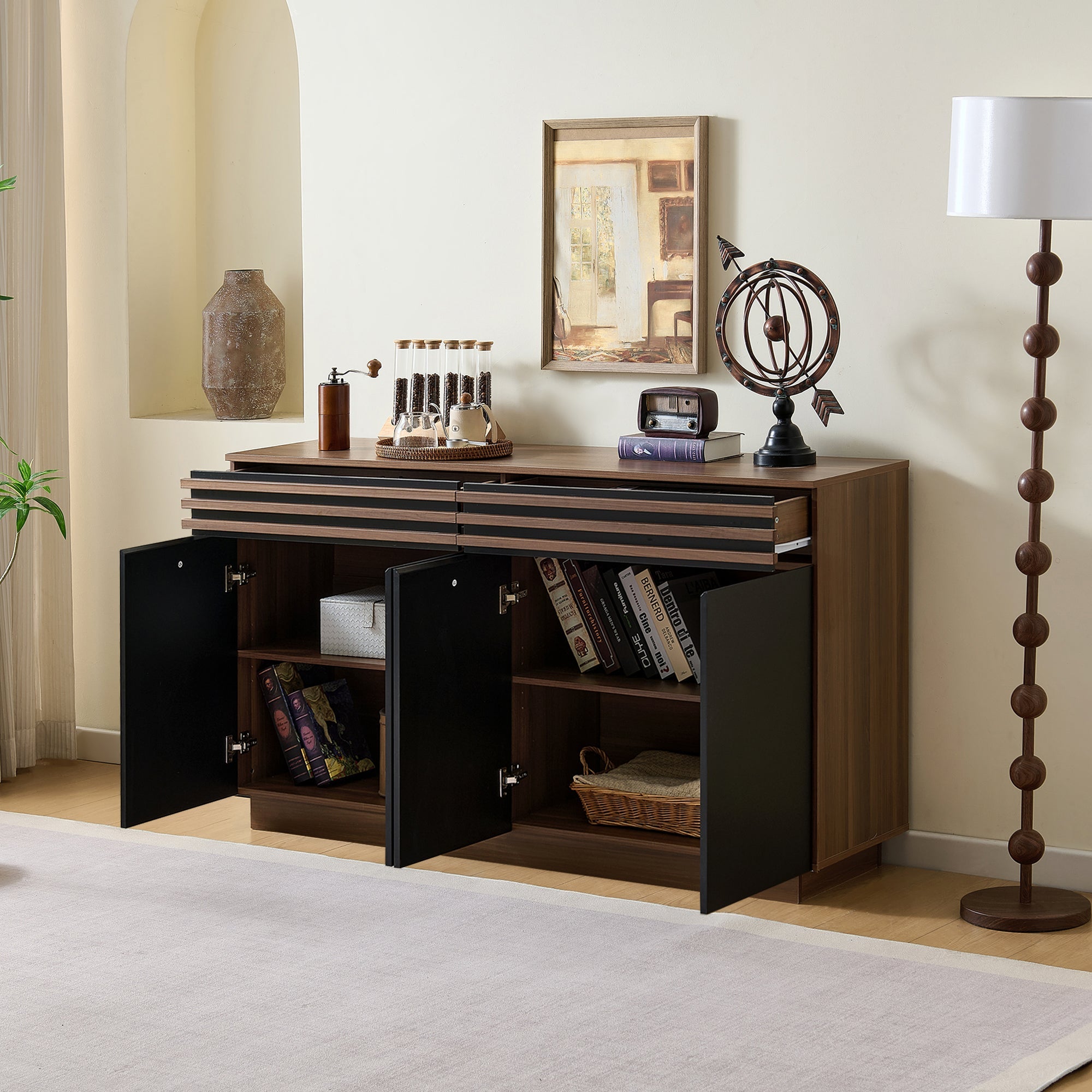 Logidon Modern dressoir 150 x 40 x 85 cm houtlook zwarte deuren