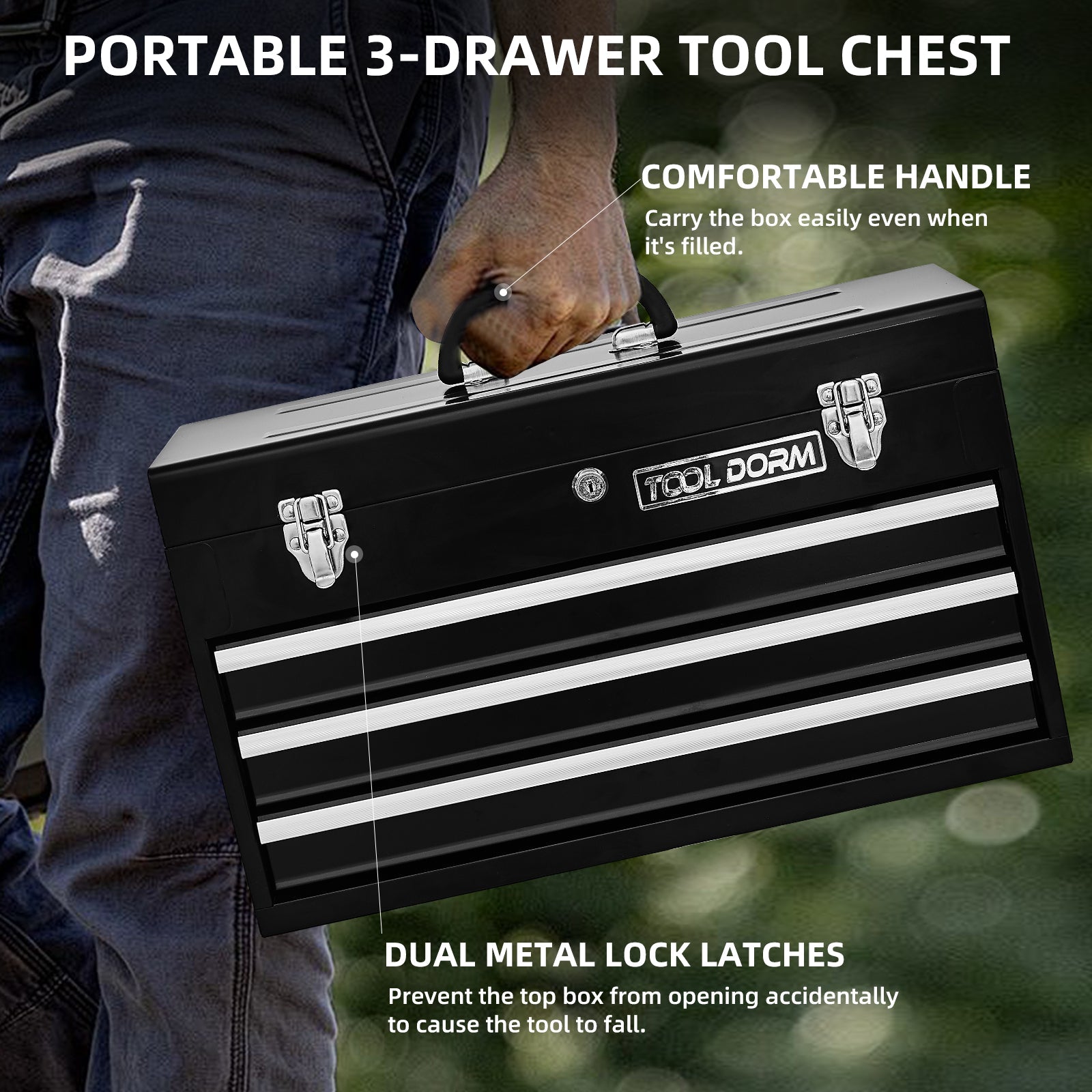 Logidon Metalen Gereedschapskist met 3 Laden 20,3 Inch Zwart Draagbaar