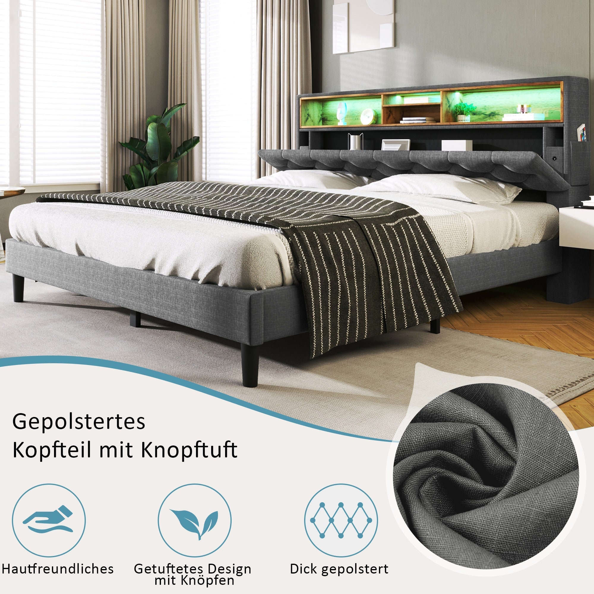 Logidon gestoffeerd tweepersoonsbed met opbergruimte hoofdbord LED grijs 140x200