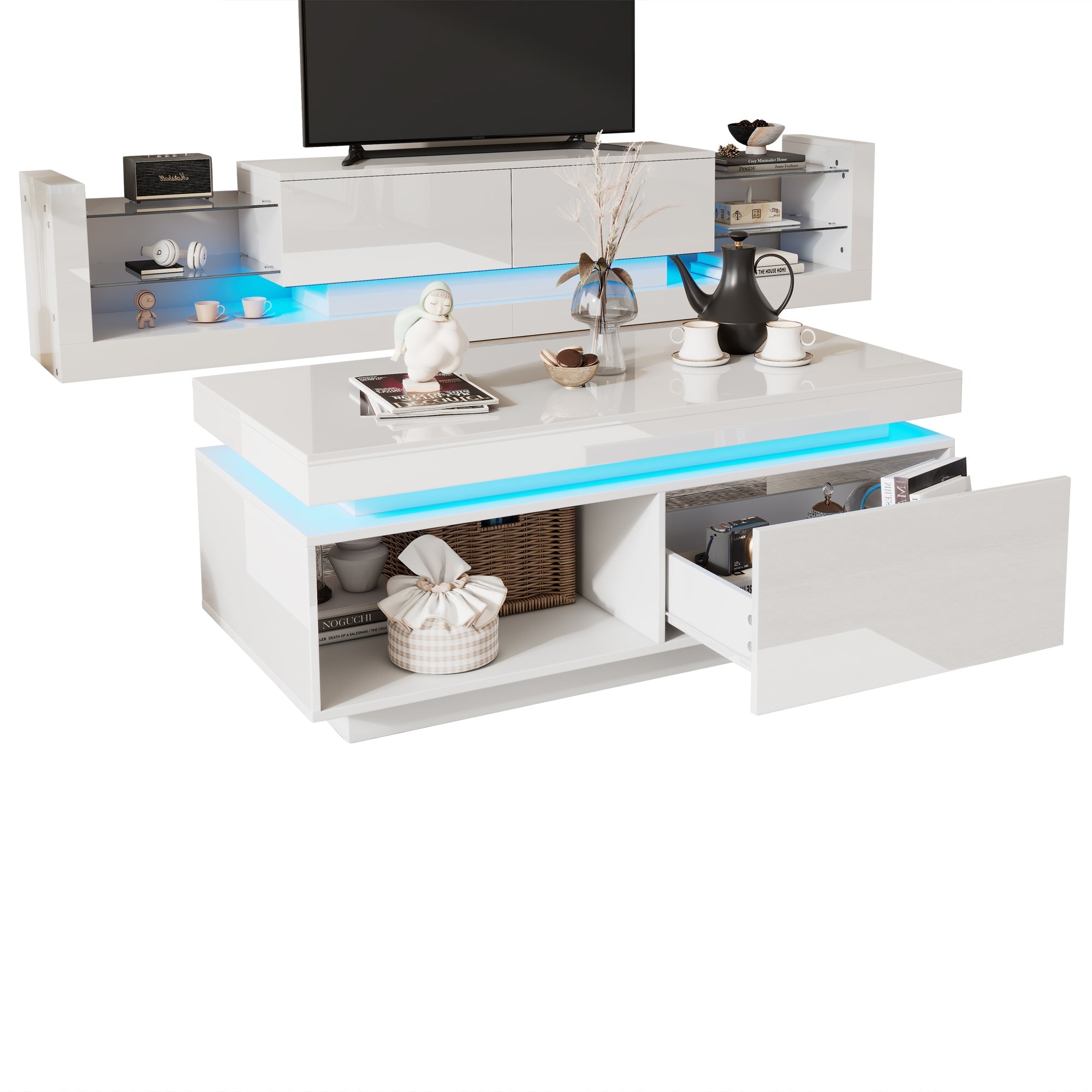 Logidon high gloss TV set white with LED lighting coffee table