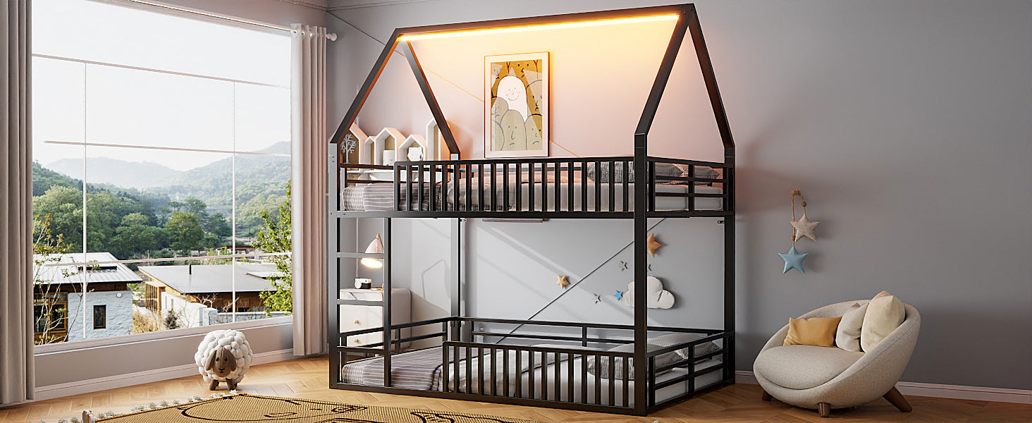 Logidon House stapelbed 140x200 met hekwerk en LED-licht zwart