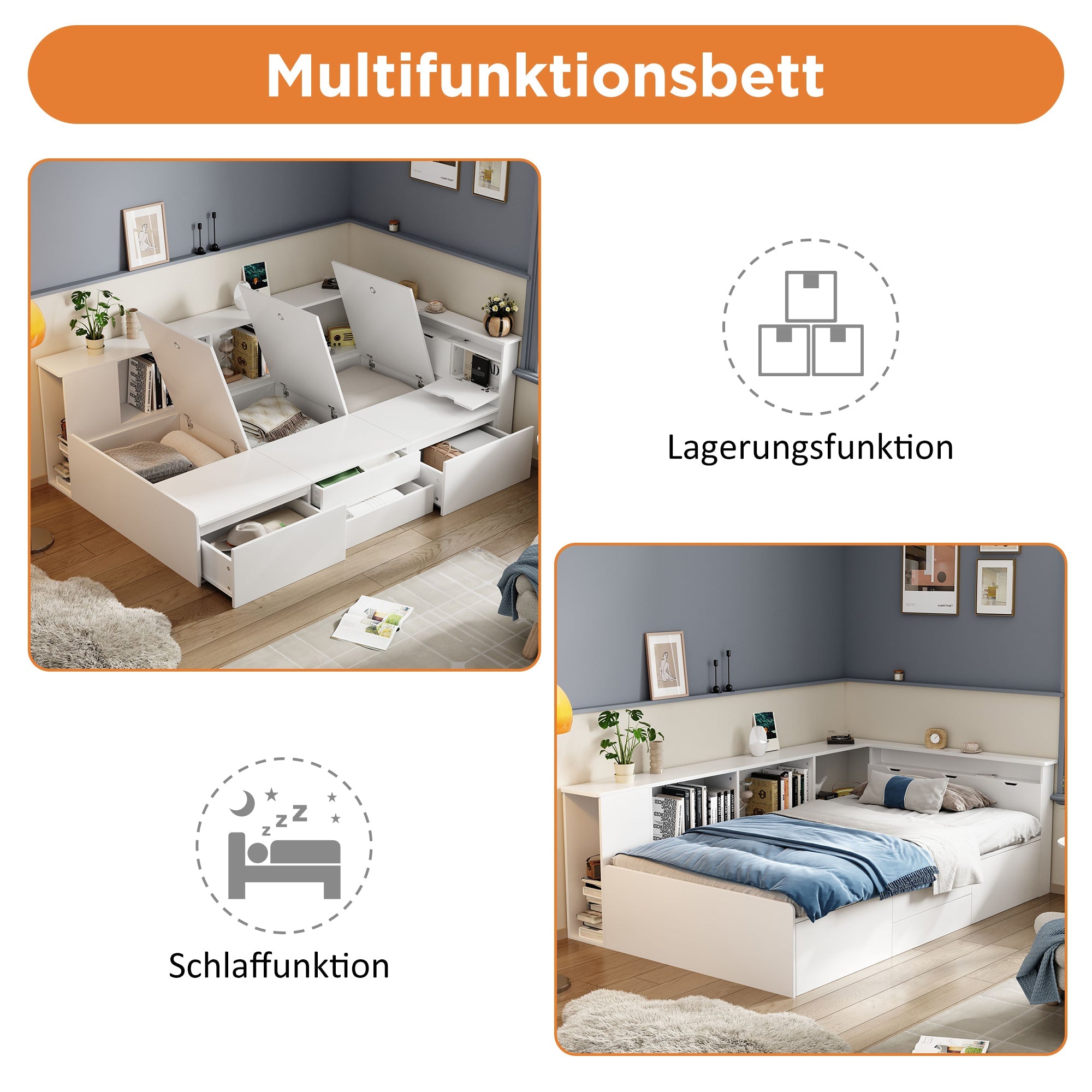 Logidon kinderbed 90x200 cm wit met opbergruimte en boekenkast