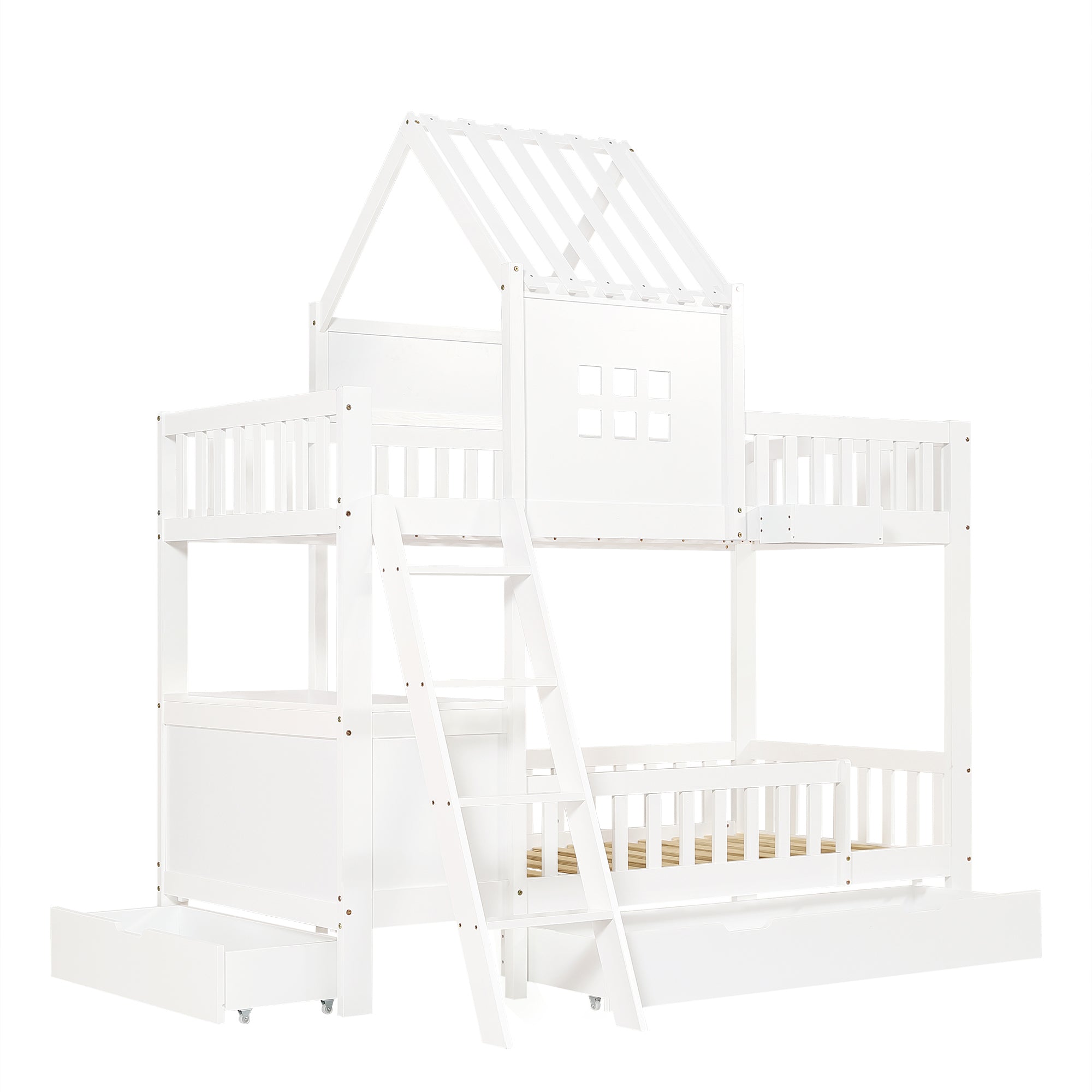 Logidon stapelbed 90x200 wit met dak, raam en 2 lades