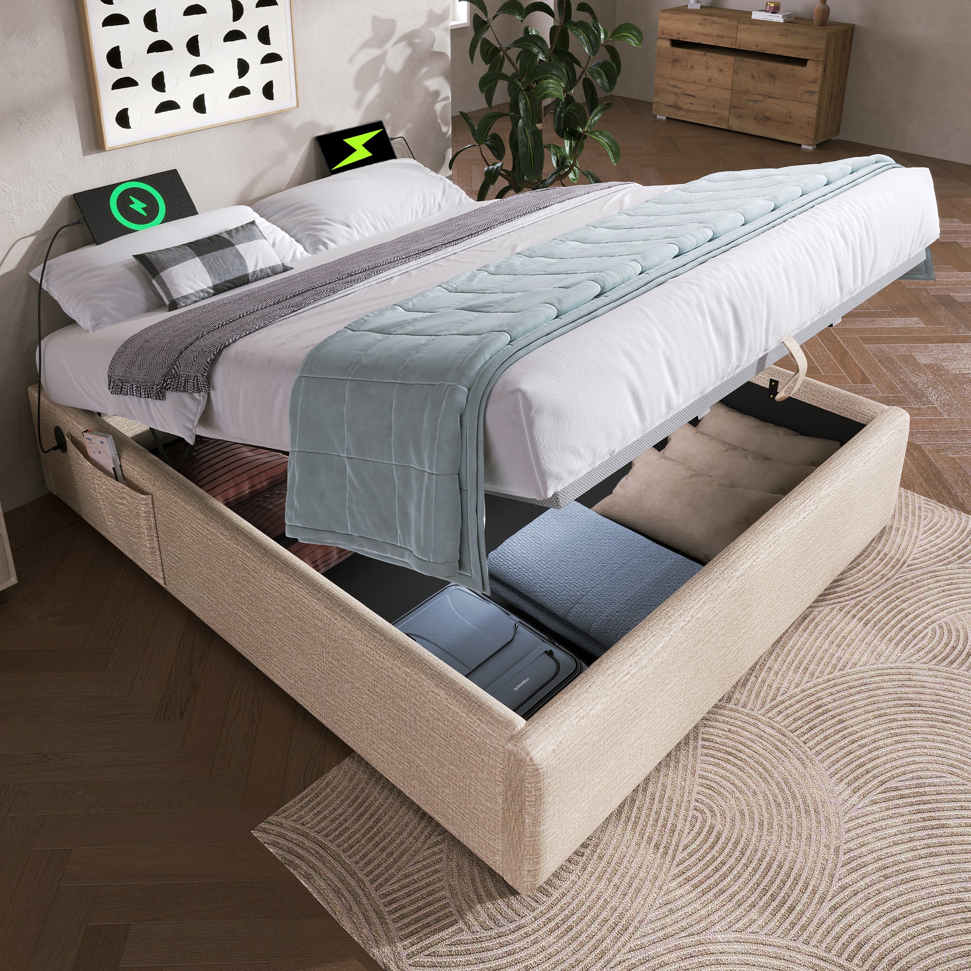 Logidon upholstered bed double bed 160x200 beige USB-C ports and storage space