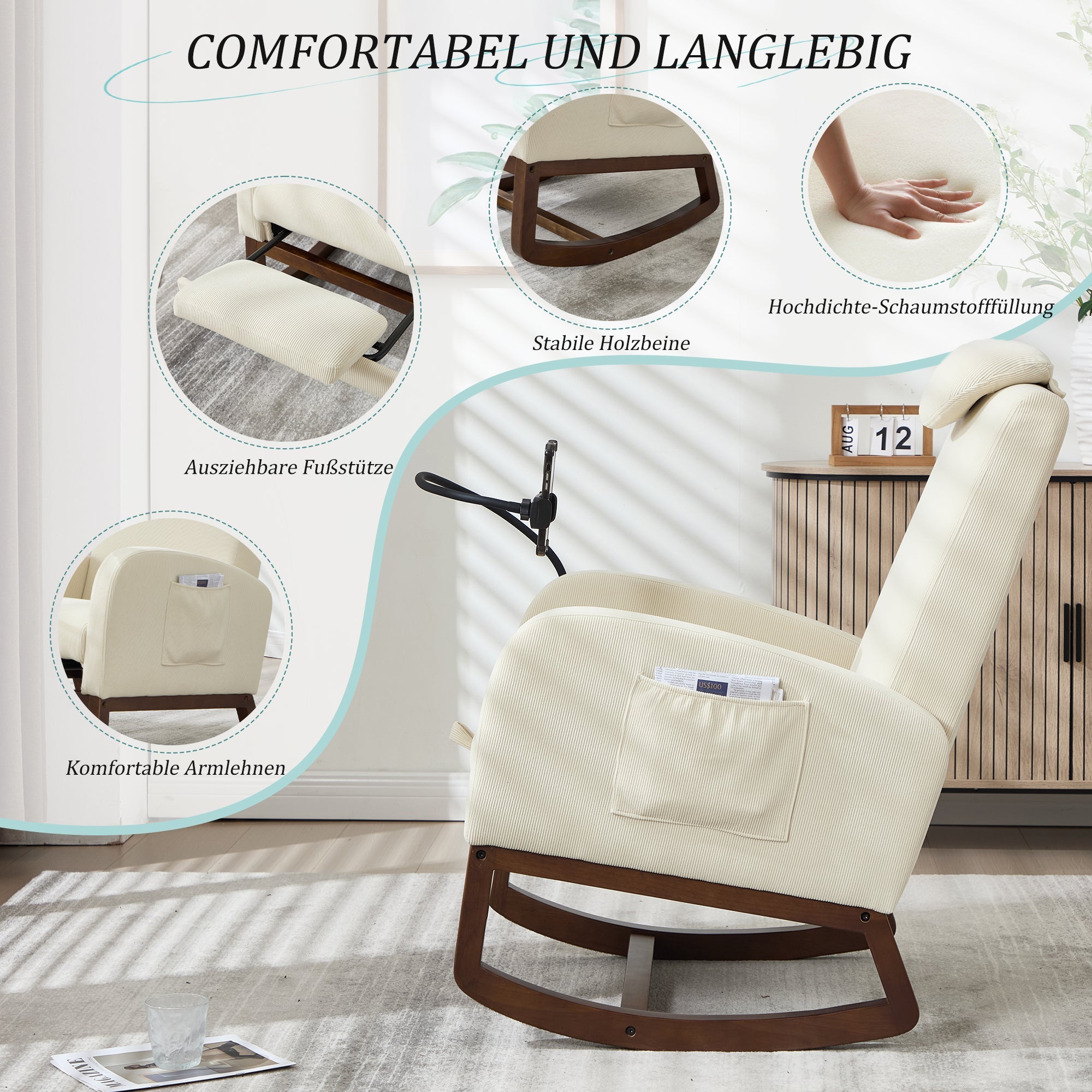Logidon Multifunctionele Schommelstoel Beige Koordhoes Hoofdsteun
