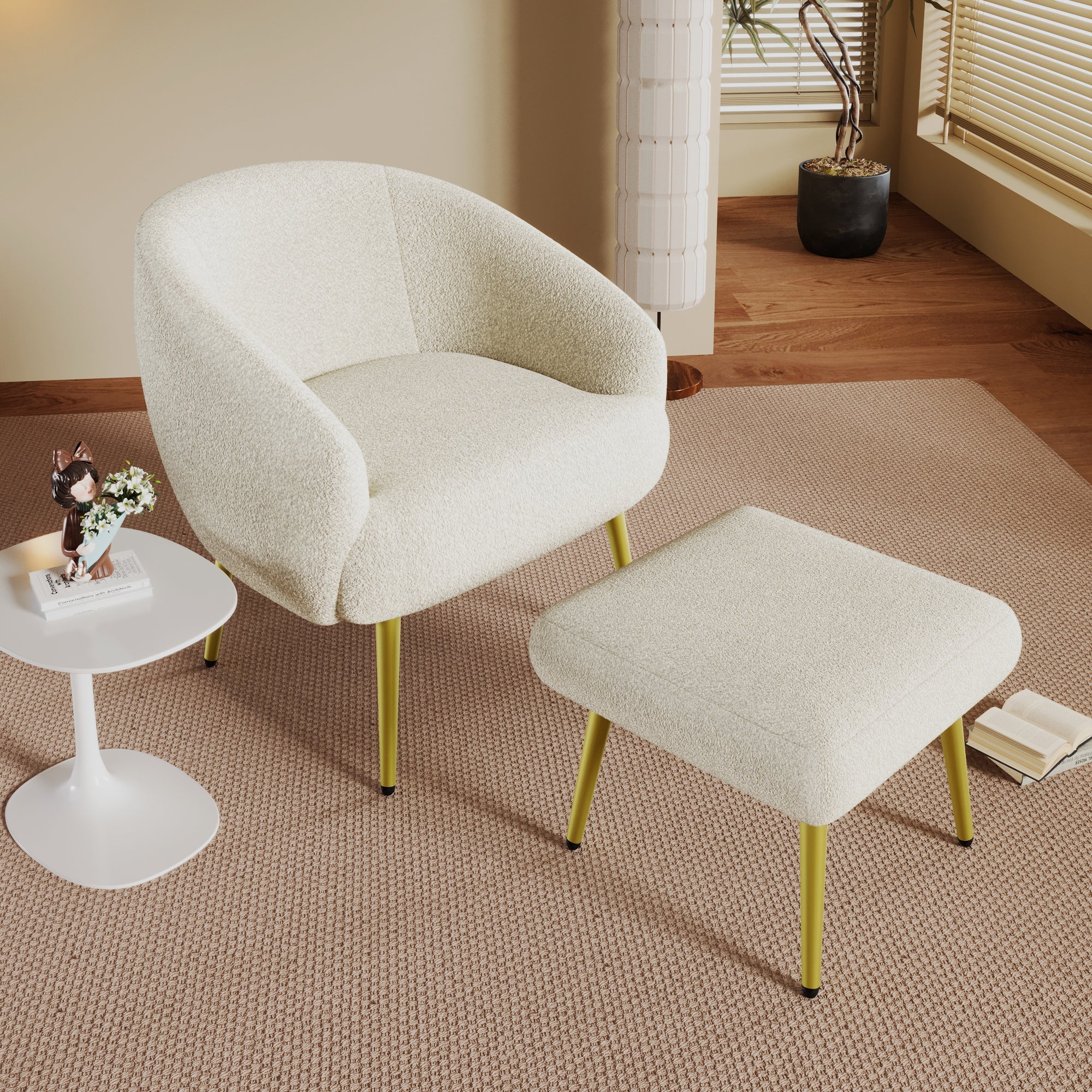 Logidon Modern Sherpa Upholstered Chair with Footstool White Gold Legs