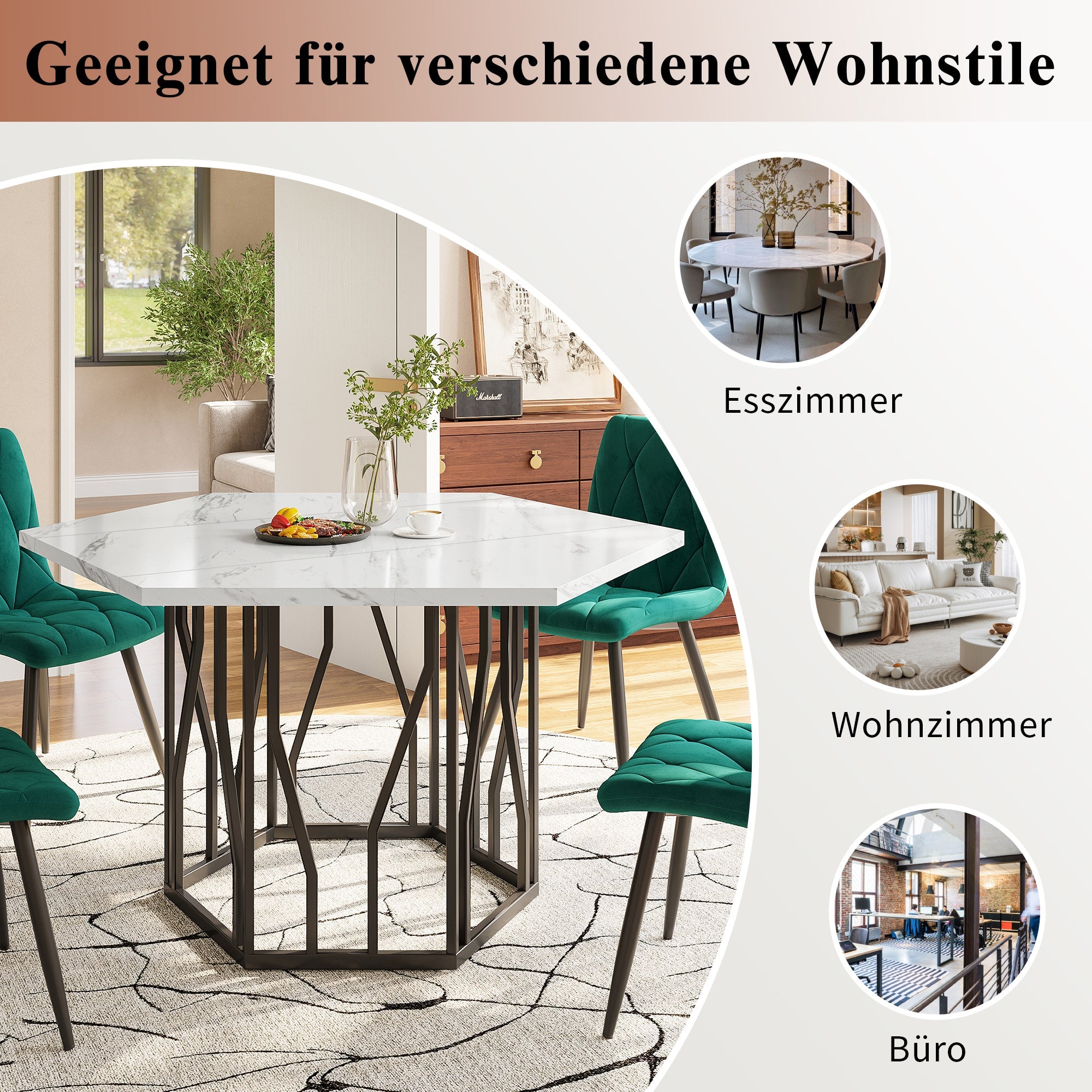 Logidon moderne zeshoekige marmeren tafel, 115,5 x 100 cm, zwart frame