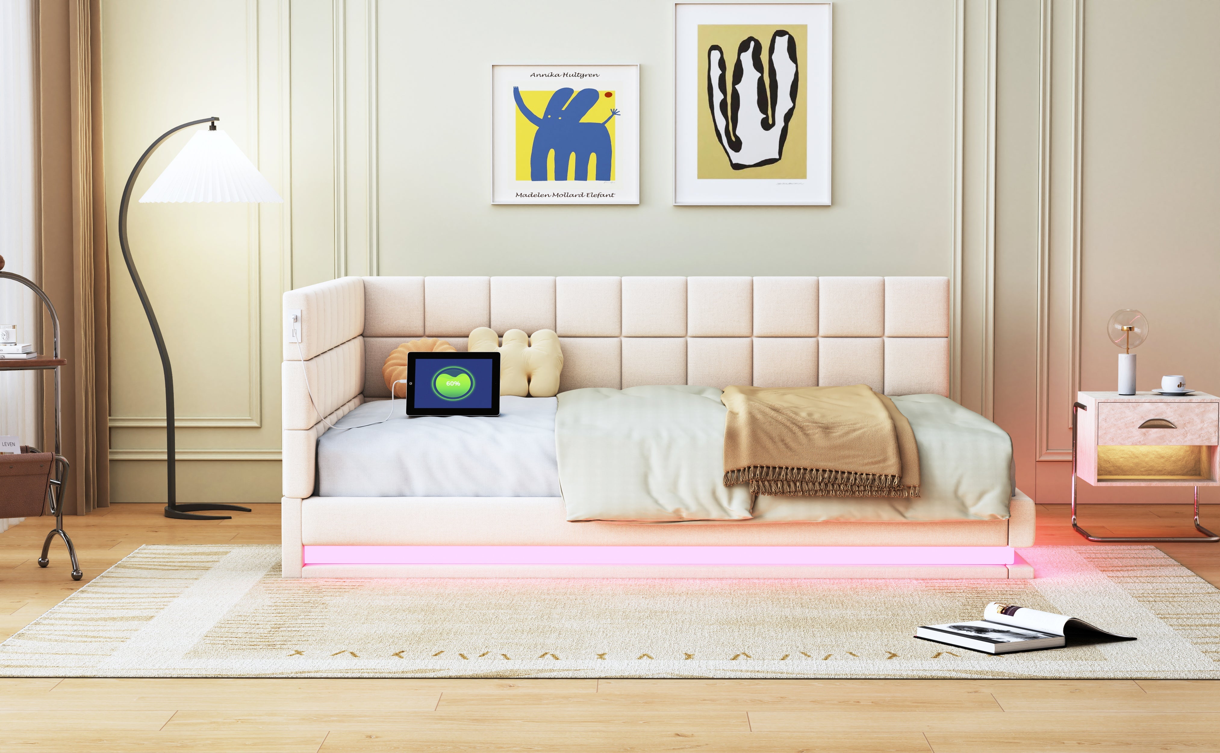Logidon slaapbank gestoffeerd bed 140x200 beige met LED lichtstrip