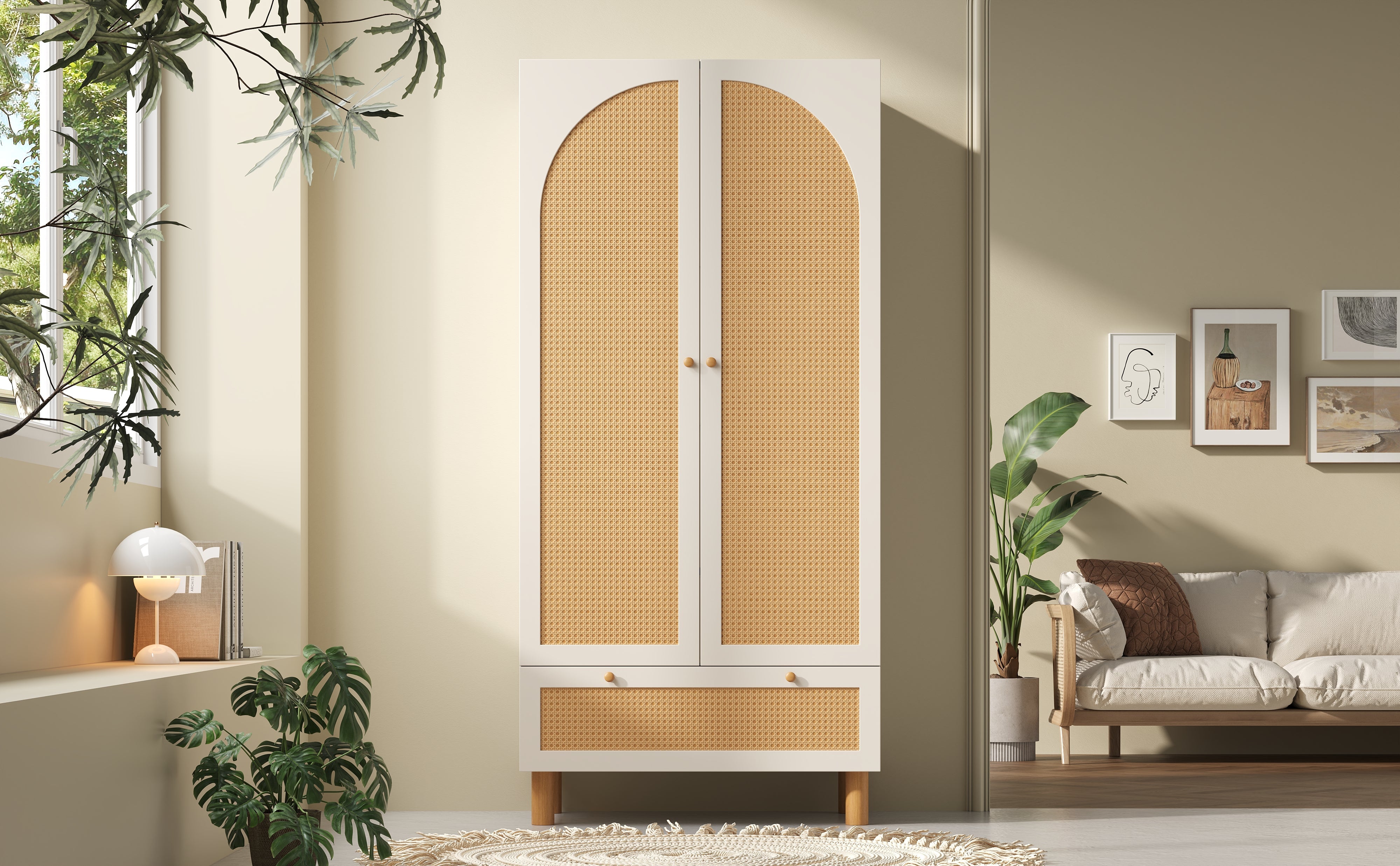 Logidon kledingkast wit met rotan deuren 180x85x52 cm landelijke stijl