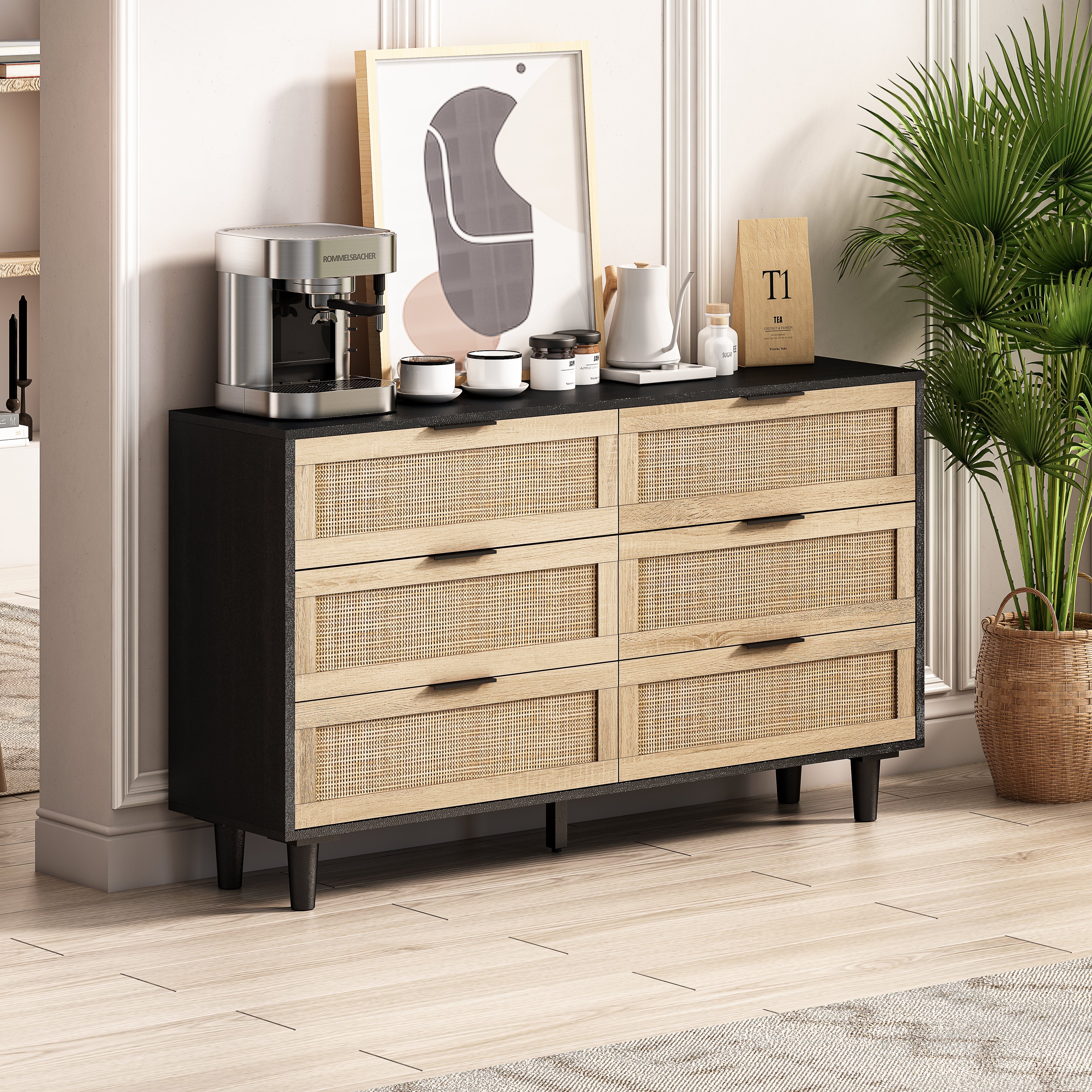 Logidon Rotan opbergkast 130 cm zwart 6 lades