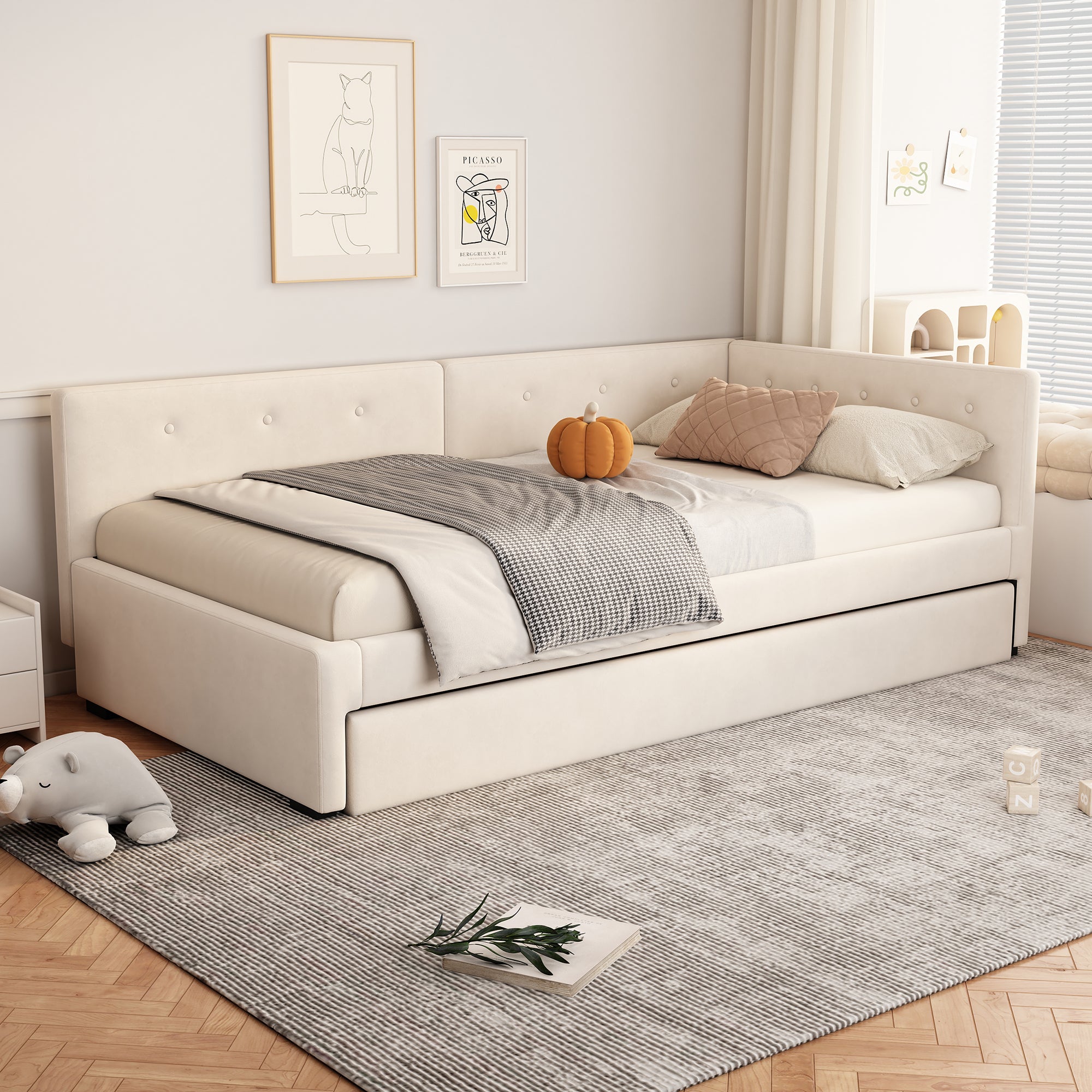 Logidon gestoffeerd bed 90x200 cm beige met lattenbodem en hoofdbord