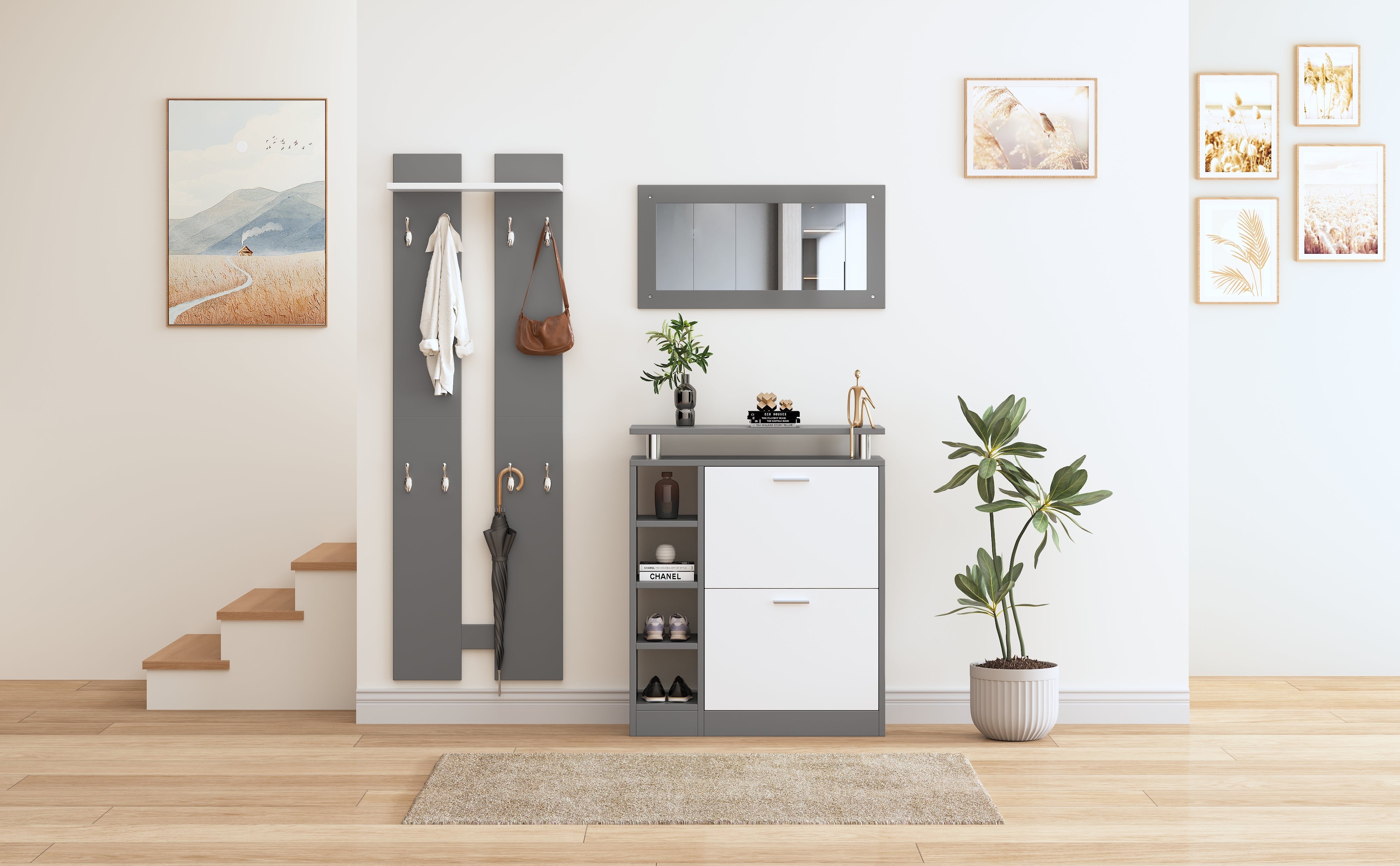 Logidon wandkapstokset 80 x 25 x 96,5 cm grijs witte spiegel
