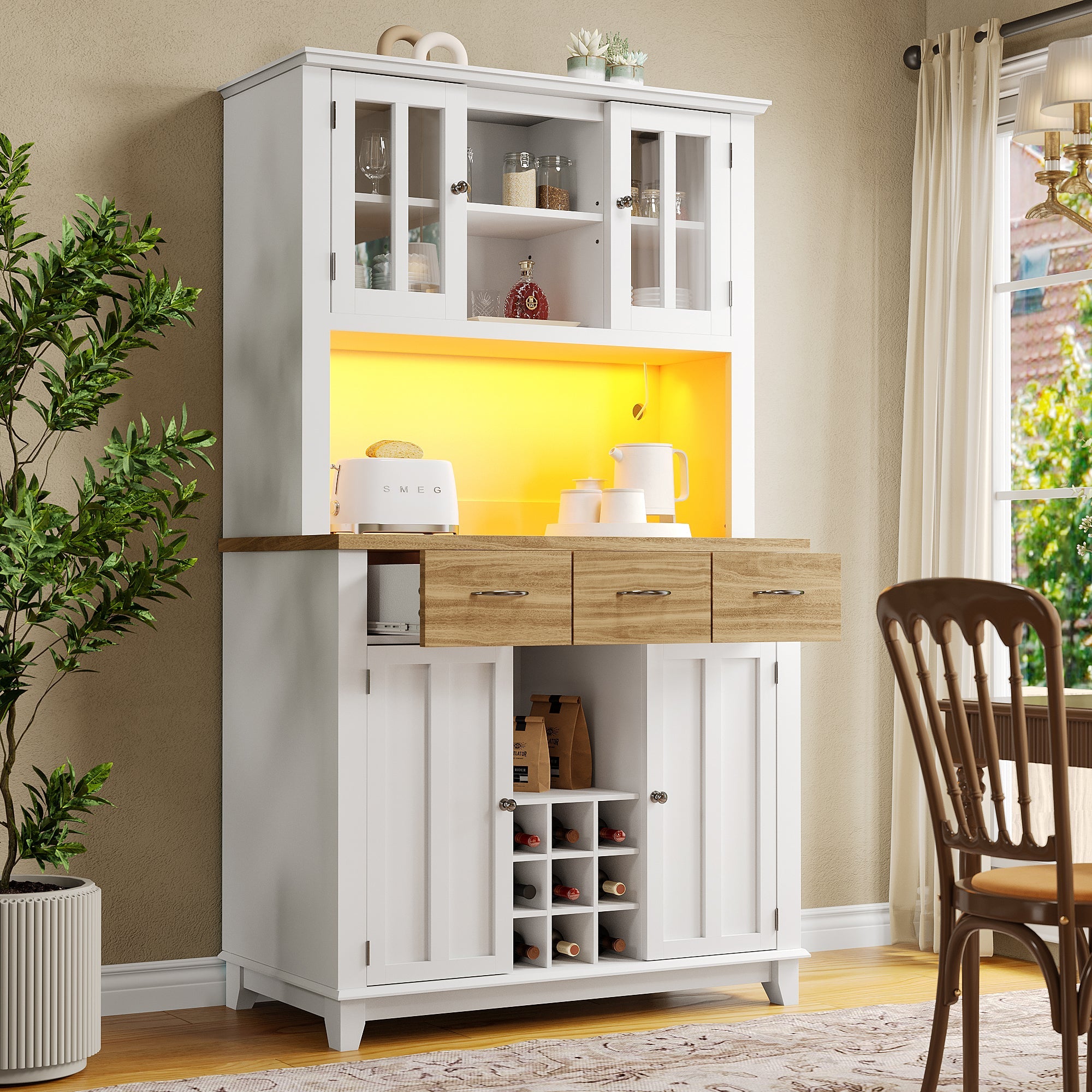 Logidon keukenkast vitrinekast 106x40x179cm met LED licht naturel wit