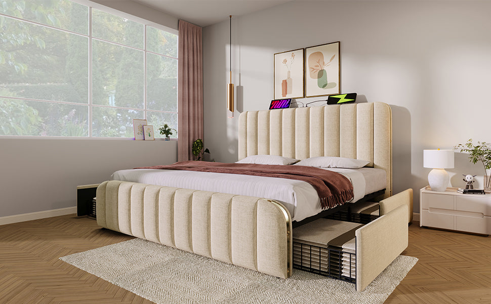 Logidon upholstered bed beige linen with USB Type C charging function 180x200 cm