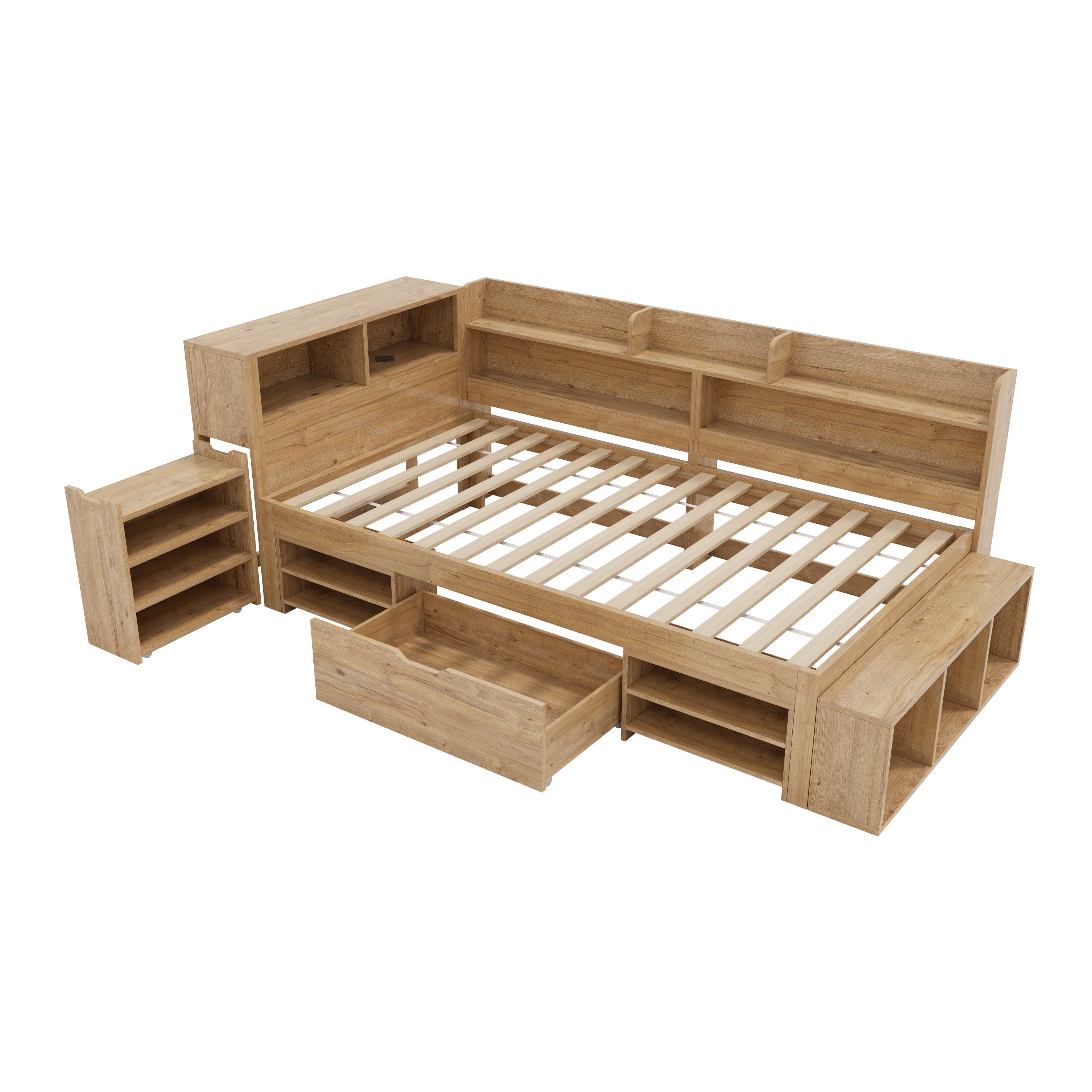 Logidon kinderbed 90x200 cm naturel hout met opbergruimte en opladen