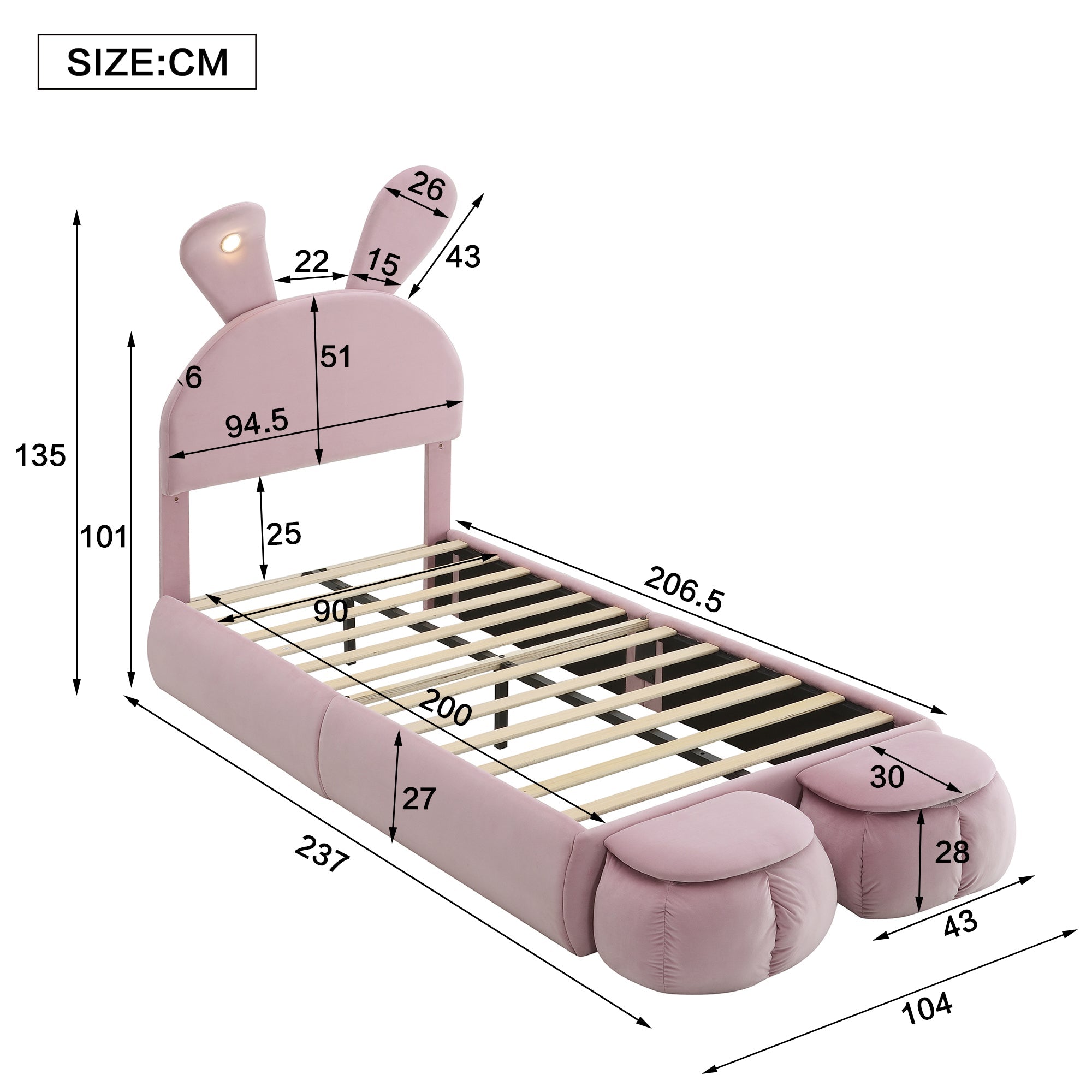 Logidon Gestoffeerd bed Konijnenoren Roze 90x200 cm Met Verstelbare Helderheid