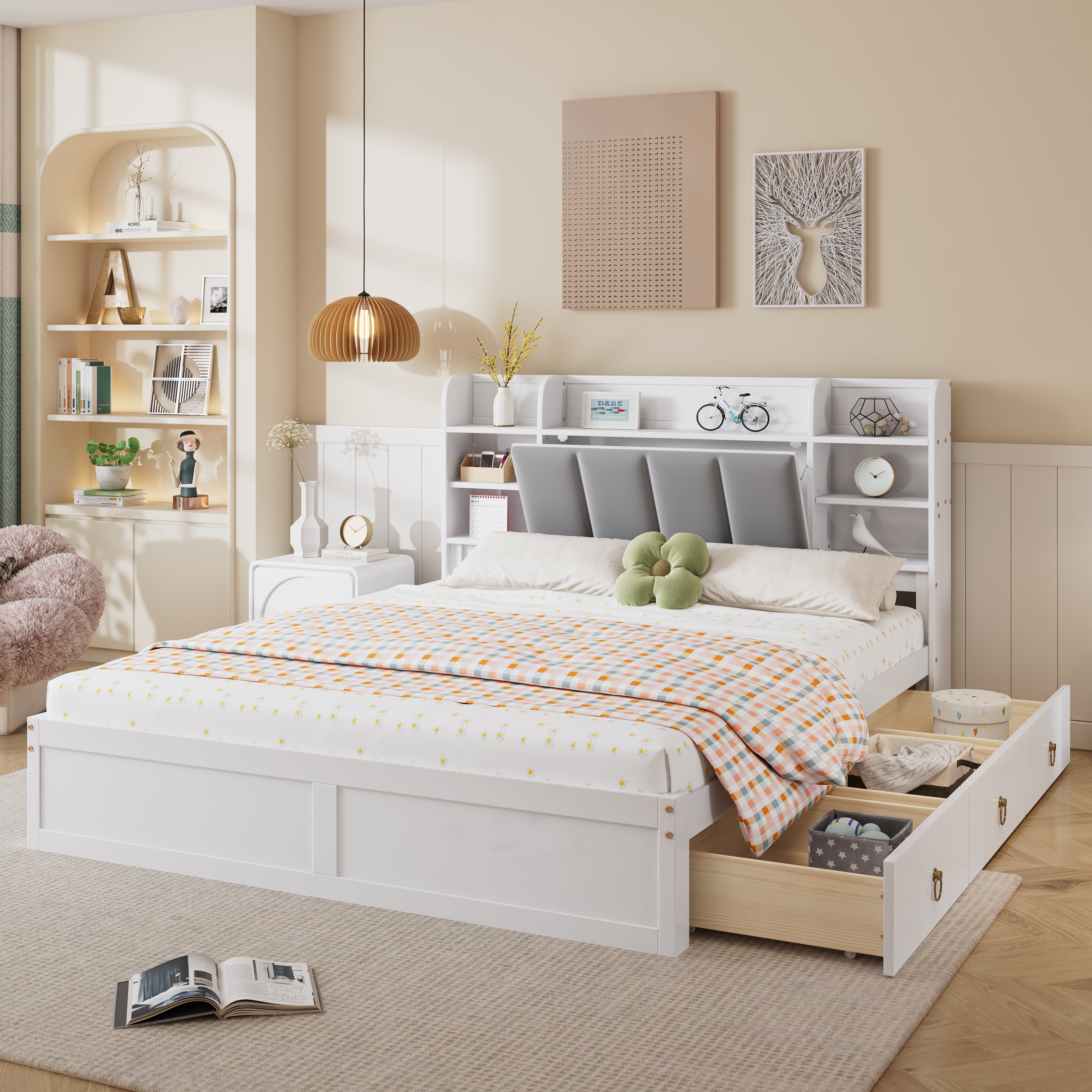 Logidon tweepersoonsbed 160x200 witgrijs, open plank en drie lades