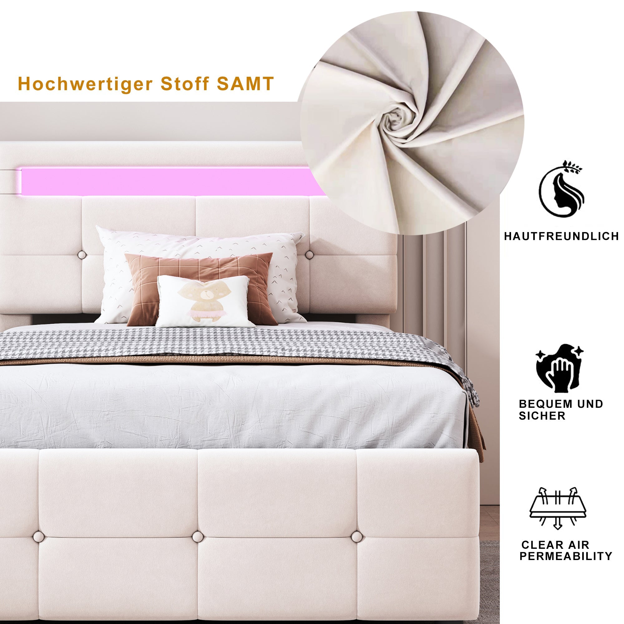 Logidon kinderbed 90x200 cm met LED verlichting beige fluweel