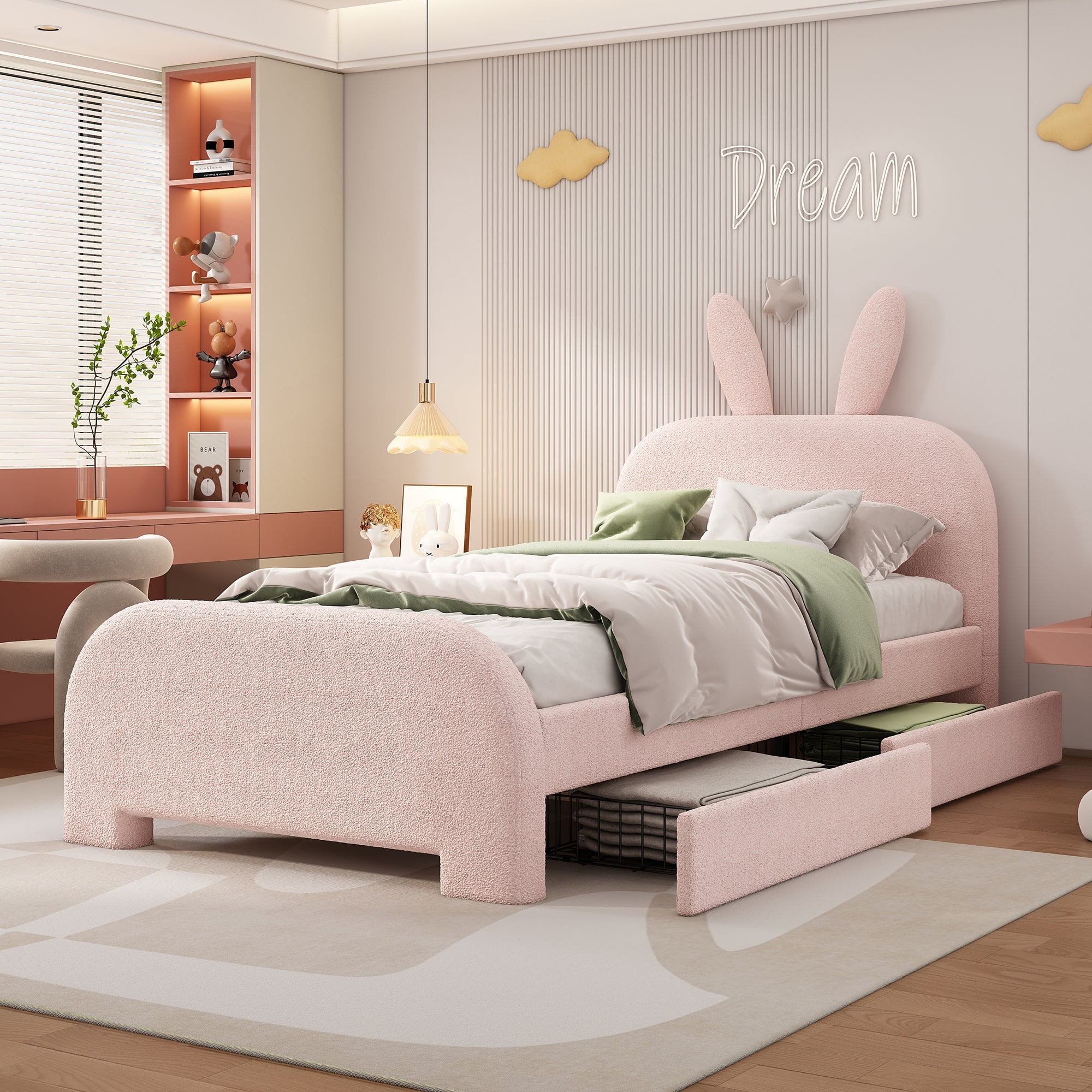 Logidon 90x200 Pink Flat Bed With Cartoon Rabbit Shape