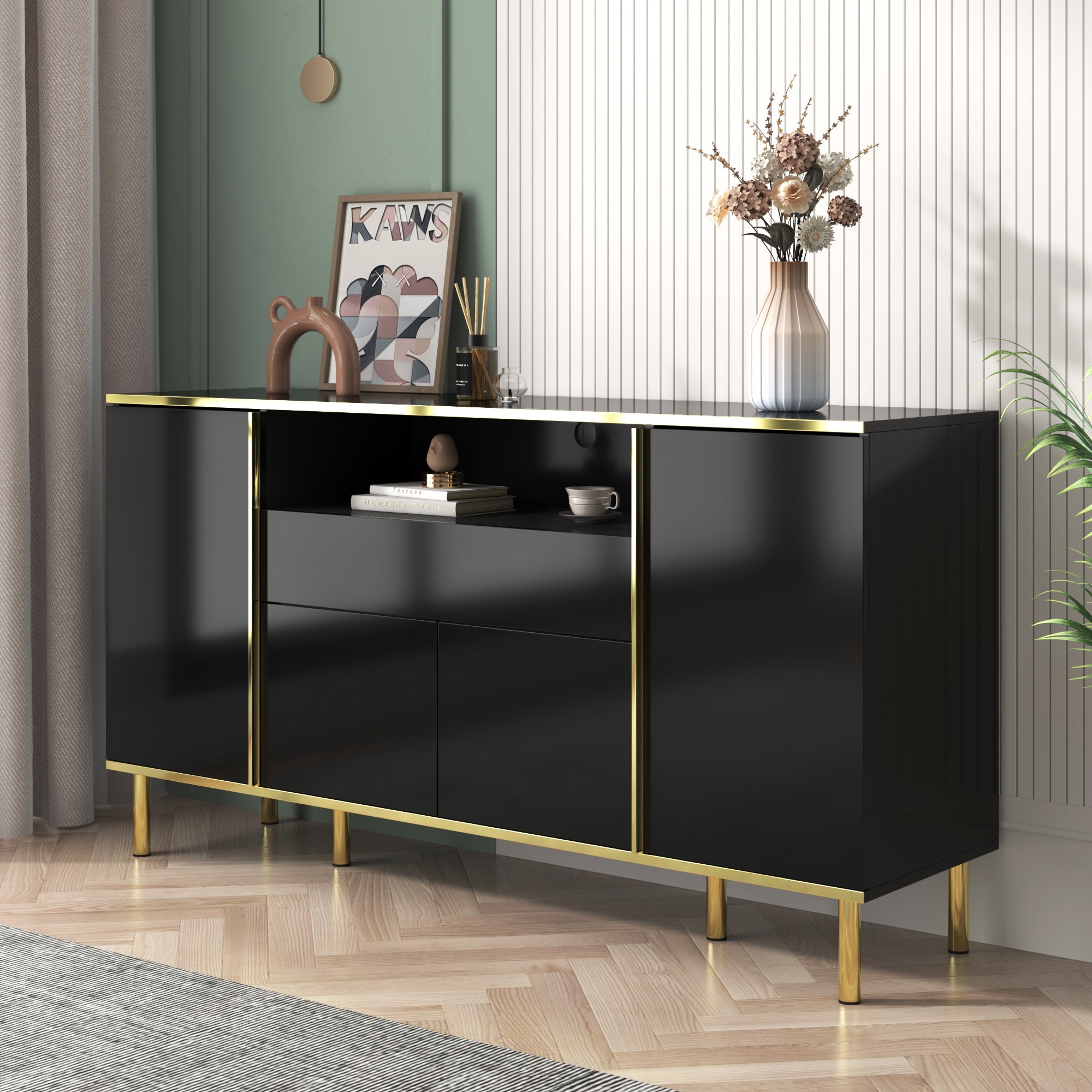 Logidon high-gloss sideboard black 150x40x80 with LED accents