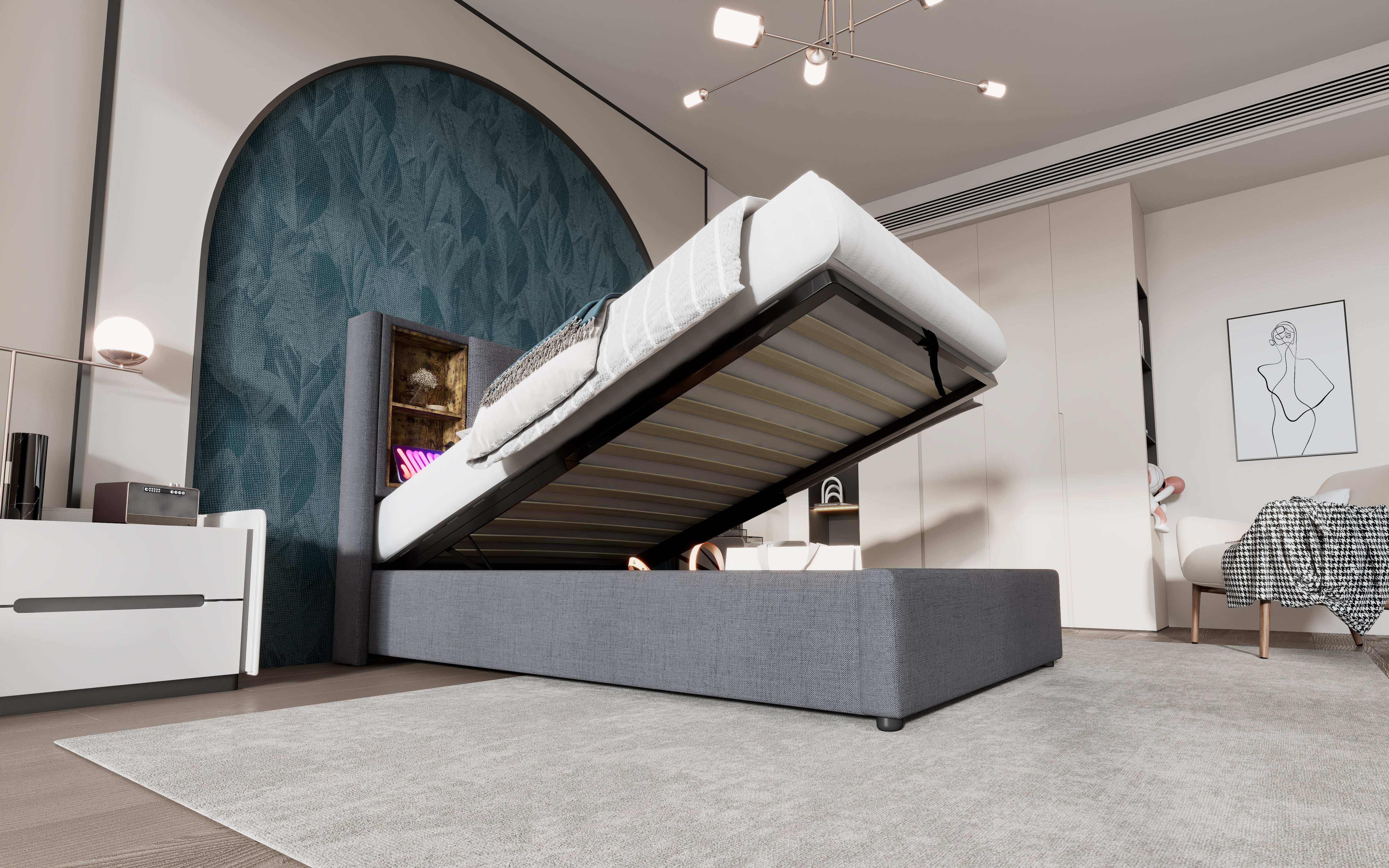 Logidon gestoffeerd bed 90x200 cm grijs met draadloos opladen USB C en opbergruimte