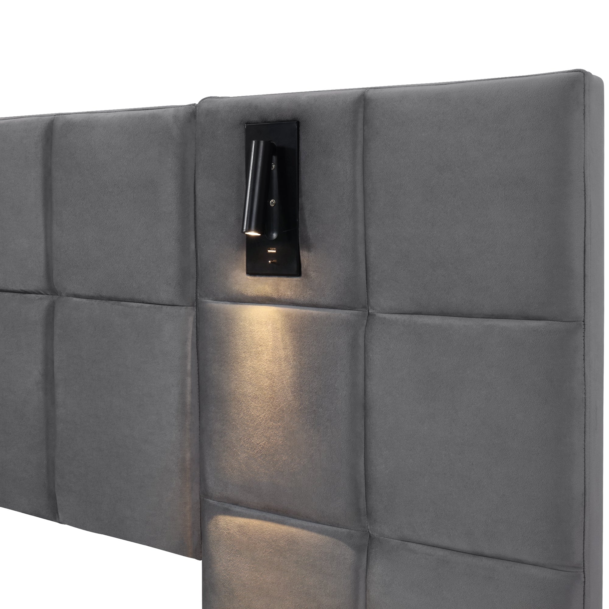 Logidon gestoffeerd bed 140x200 grijs hydraulische opbergruimte USB-leeslamp