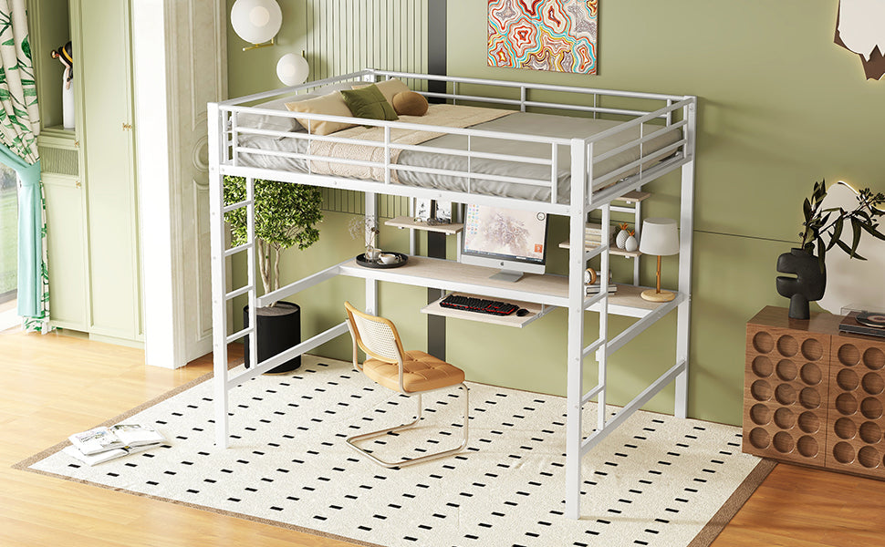 Logidon hoogslaper 140x200 cm metalen bed met bureau en plank wit