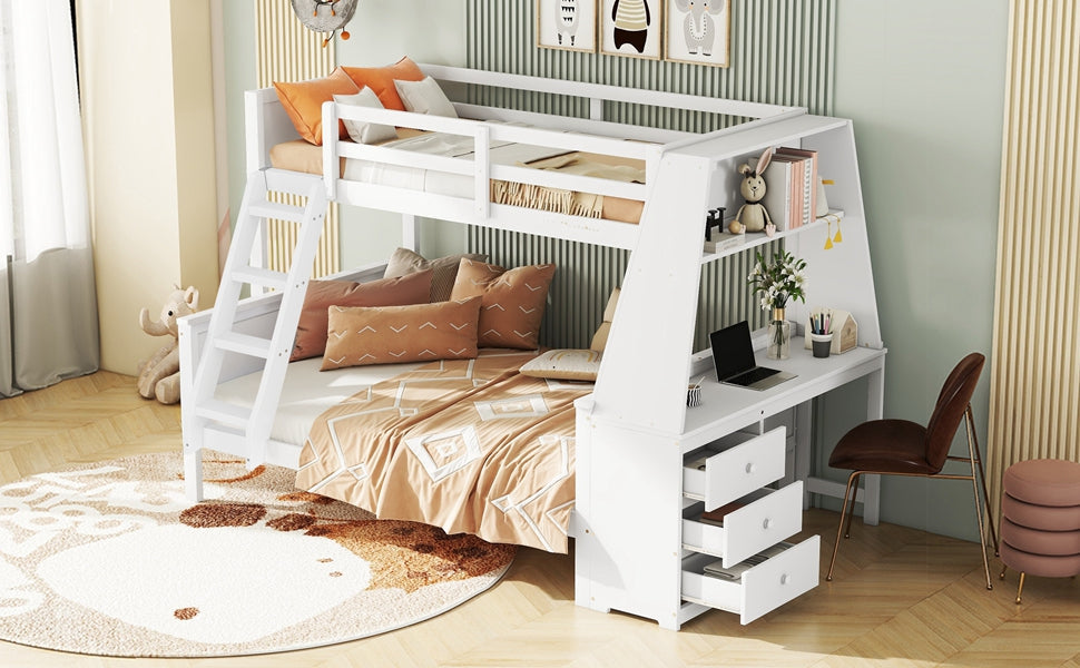 Logidon Bunk Bed 90x200 and 140x200 with Table and Storage Space White