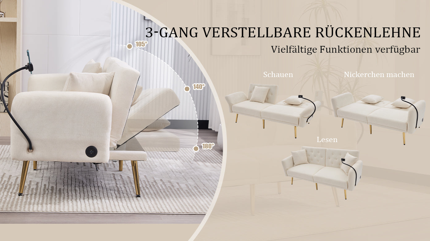 Logidon slaapbank tweezits beige fluweel met verstelbare rugleuning USB