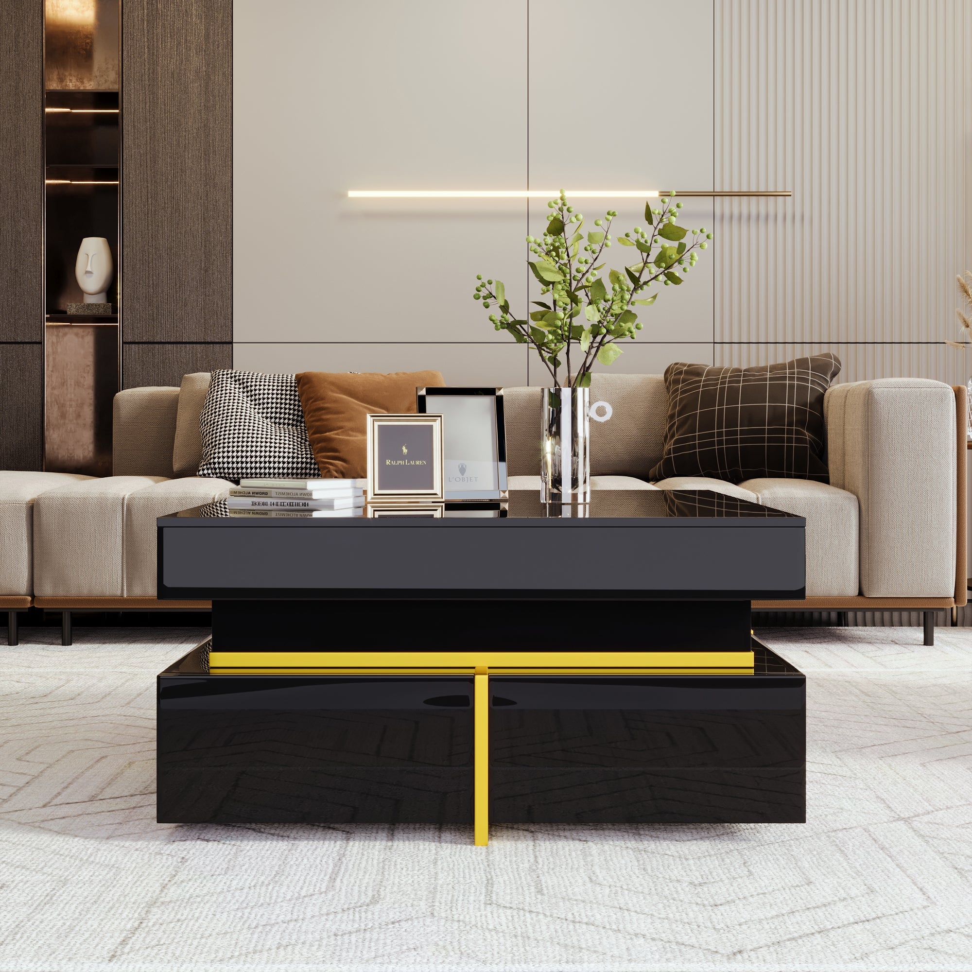 Logidon high gloss coffee table with gold accents and drawers