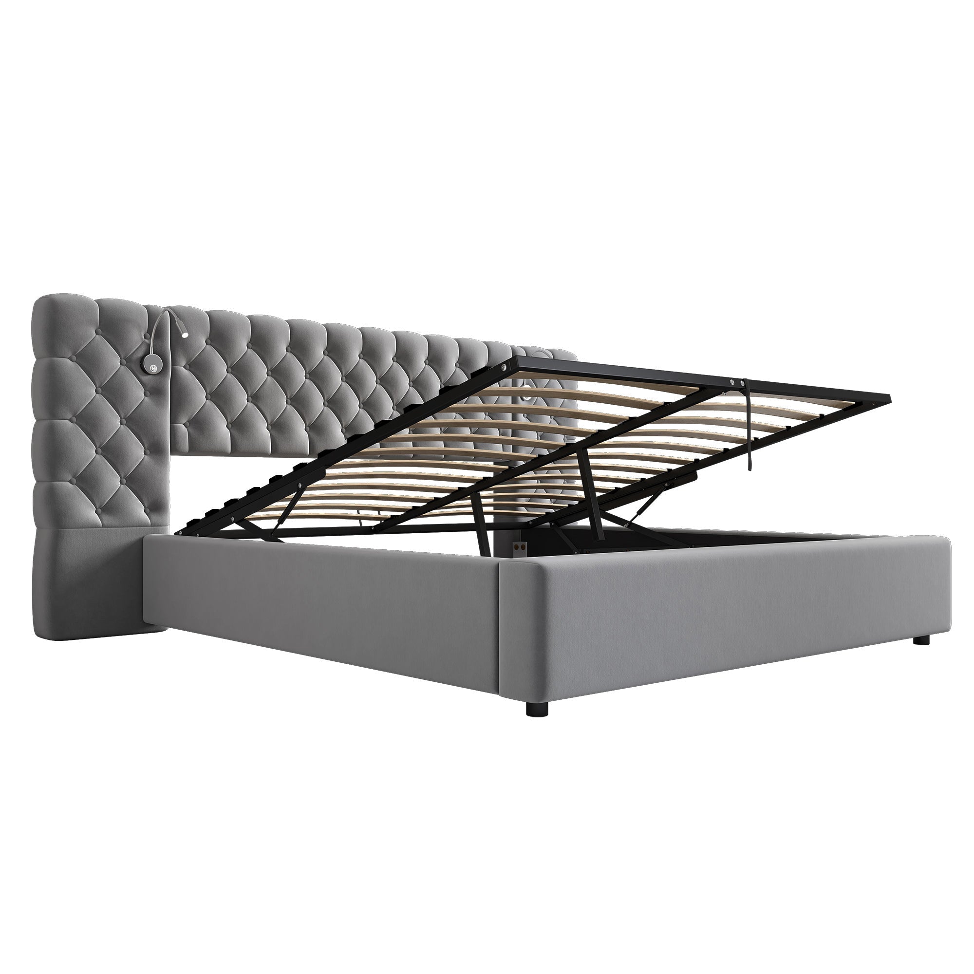 Logidon gestoffeerd bed 160x200 cm grijs fluweel opbergruimte LED verlichting hoofdeinde