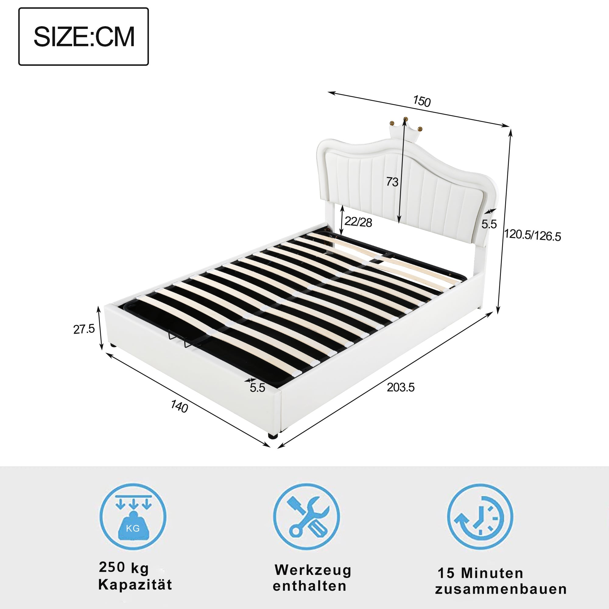 Logidon kinderbed 140 x 200 cm gestoffeerd bed met opbergruimte LED wit
