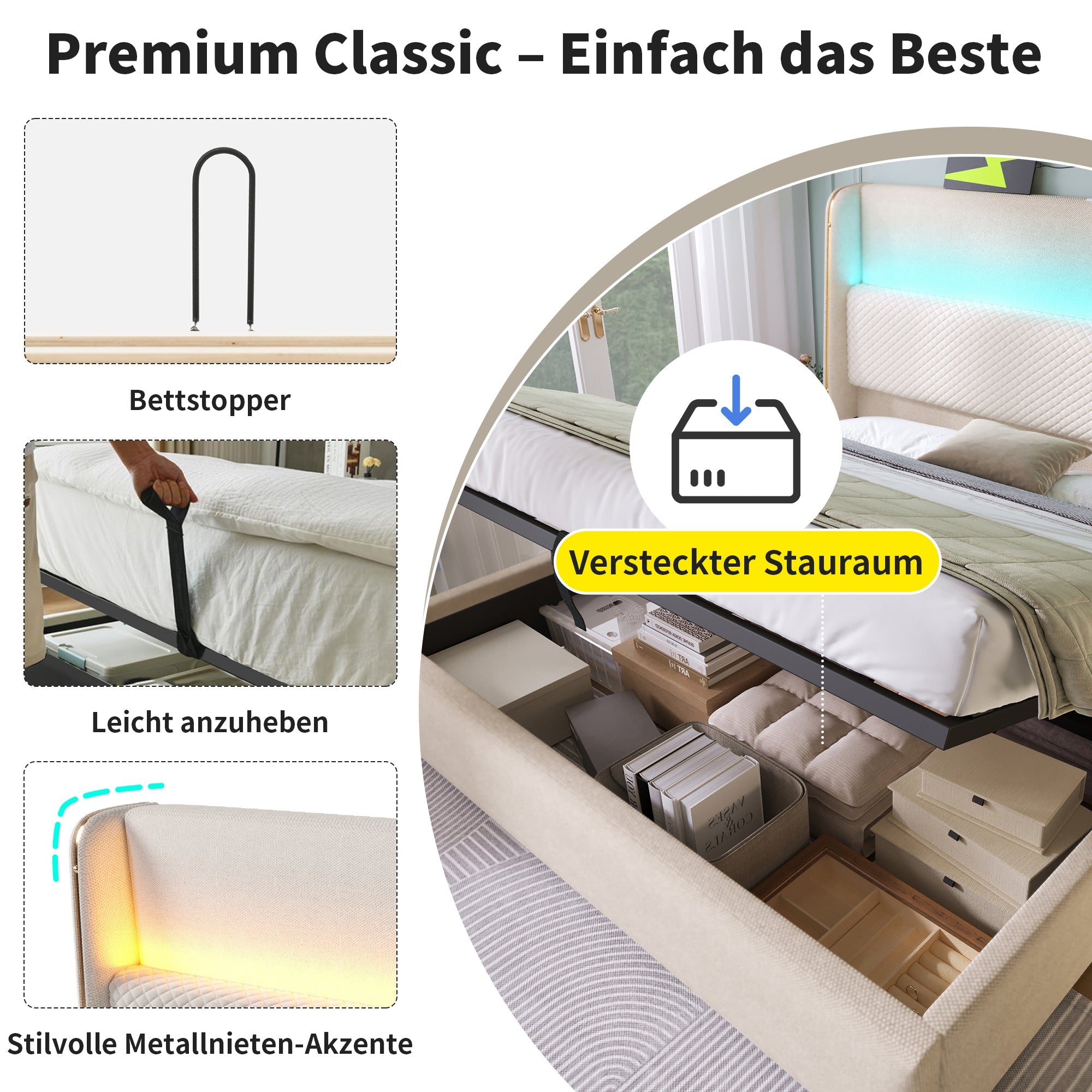 Logidon hydraulisch bed 140x200 beige linnenlook met LED