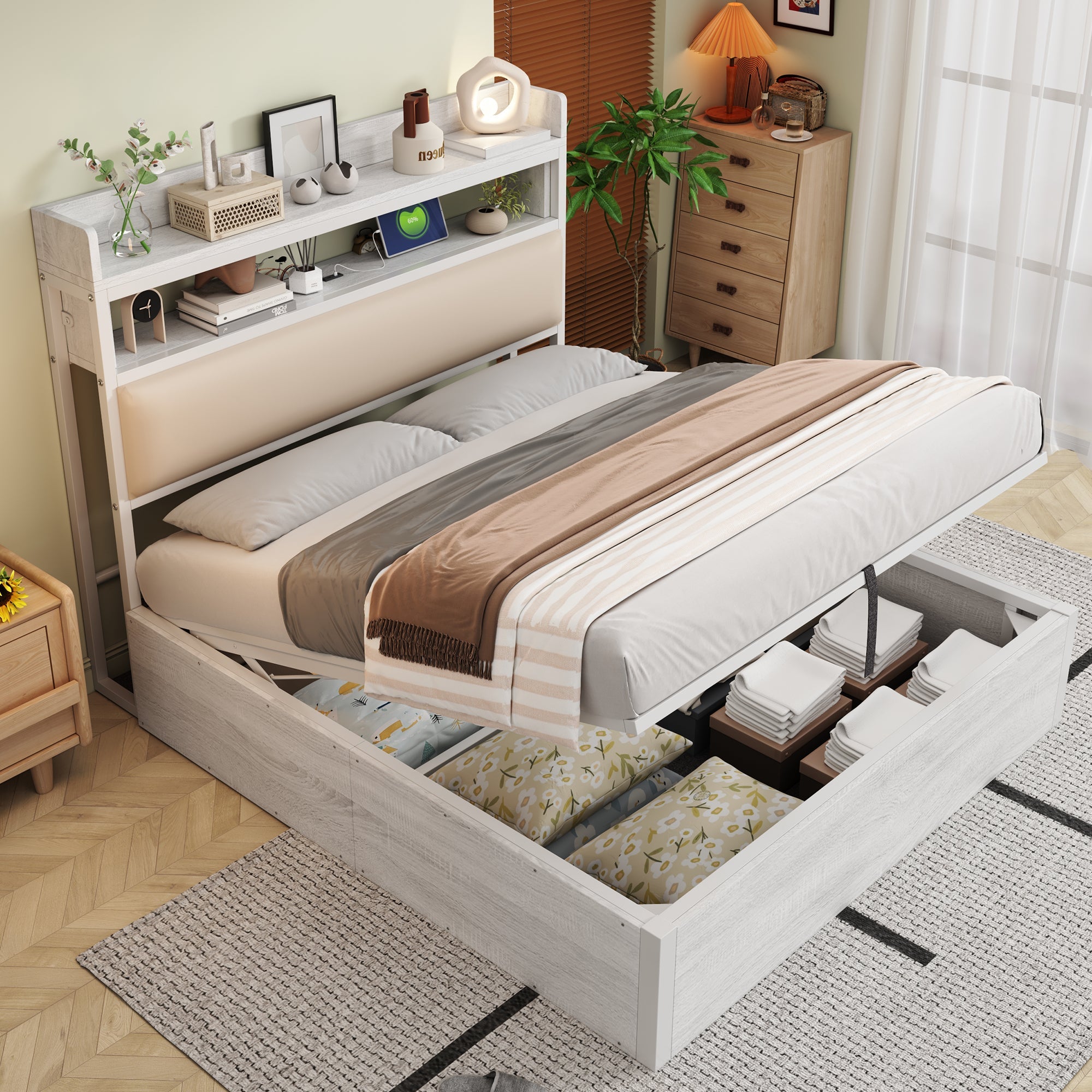 Logidon bedframe 140x200 cm met hydraulische opbergruimte USB hoofdbord wit