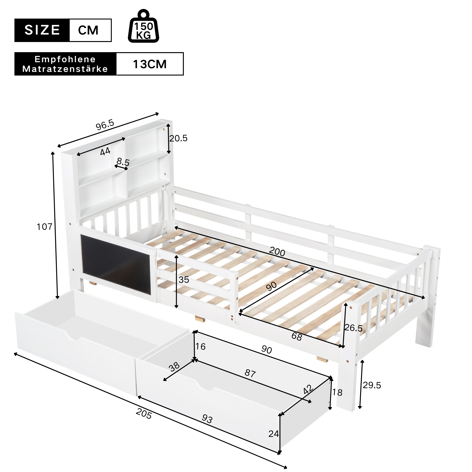 Logidon Kinderbed met Laden en Plank 90x200 cm Wit