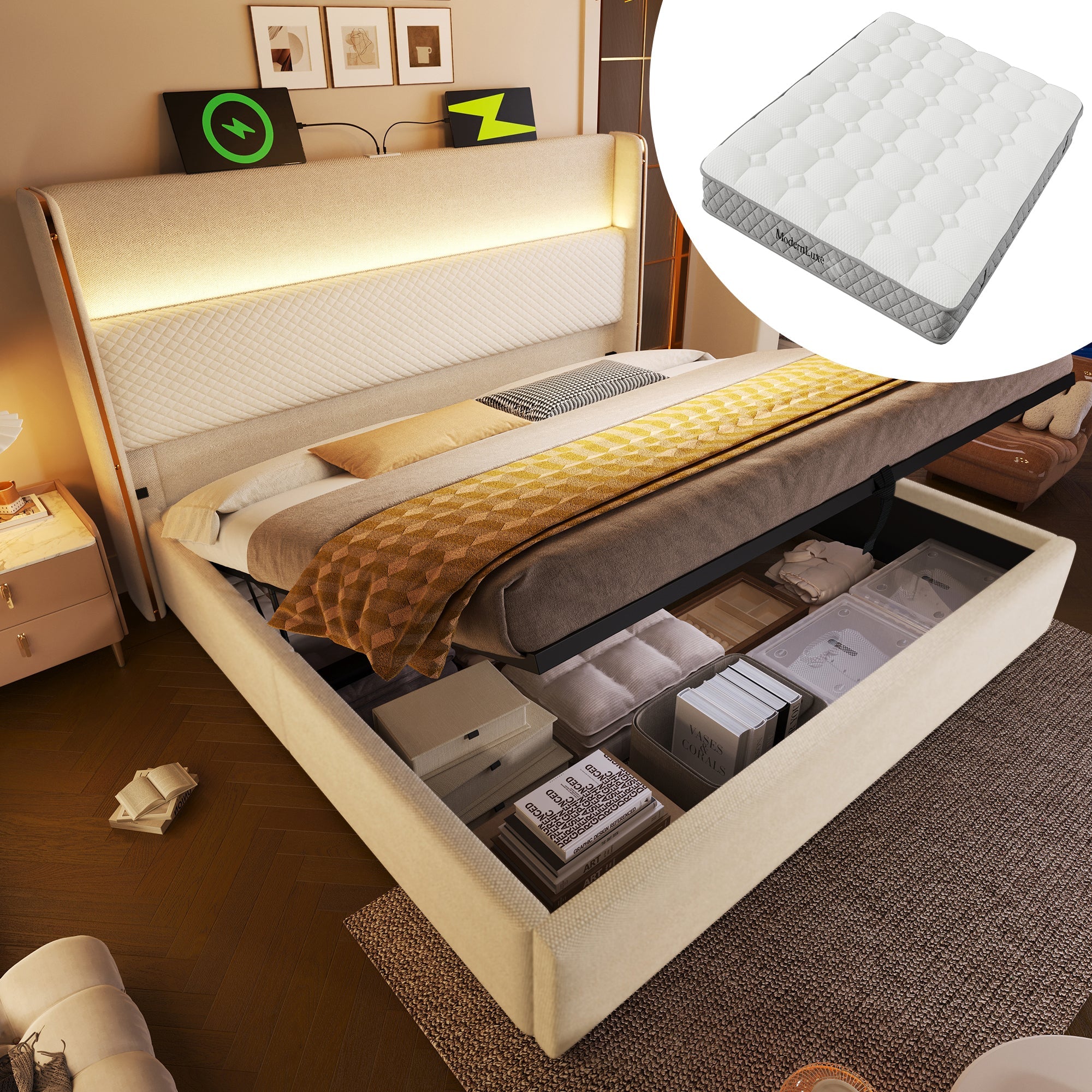 Logidon hydraulisch bed 140x200 beige linnenlook met LED