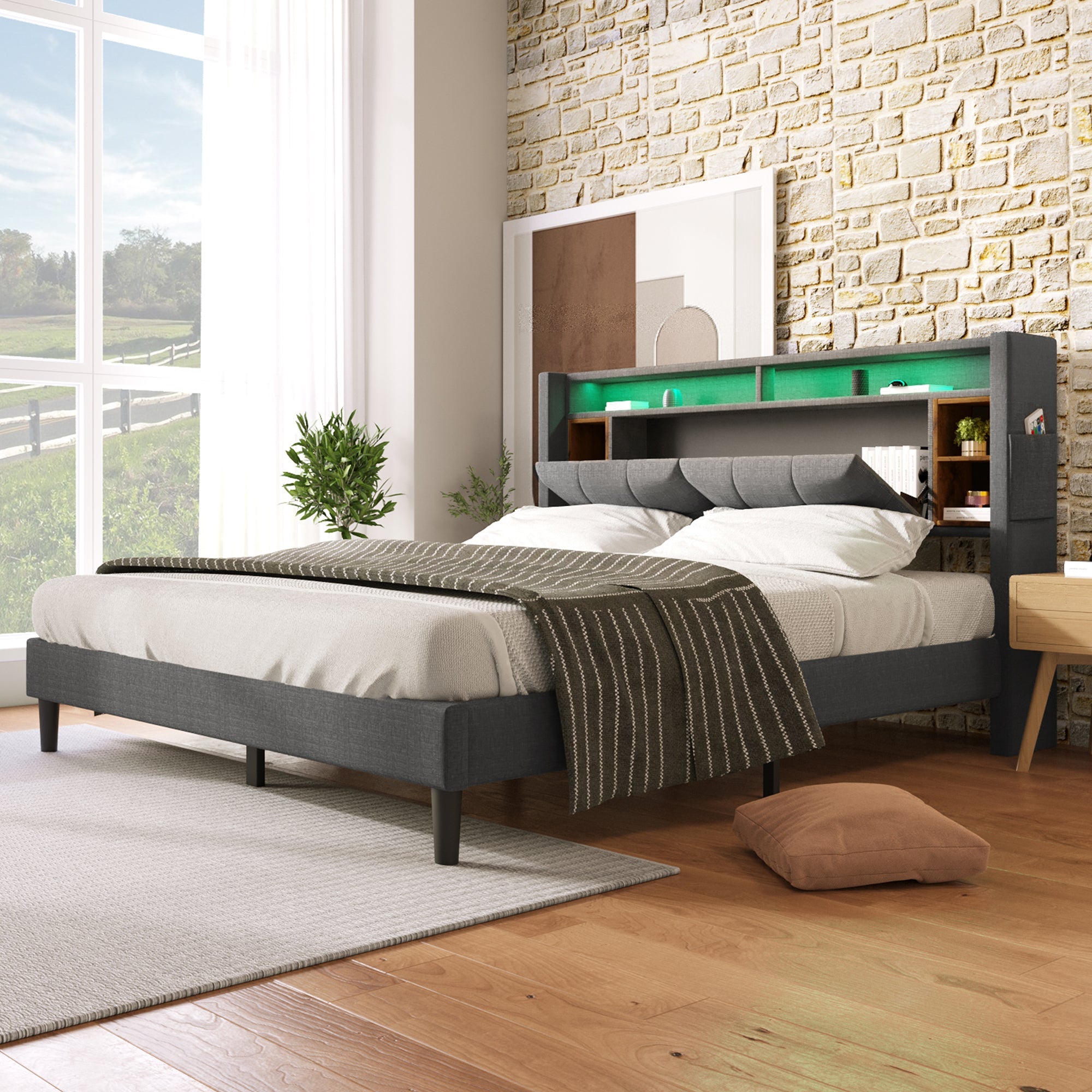 Logidon gestoffeerd bed tweepersoonsbed opbergruimte hoofdbord USB LED grijs 140x200