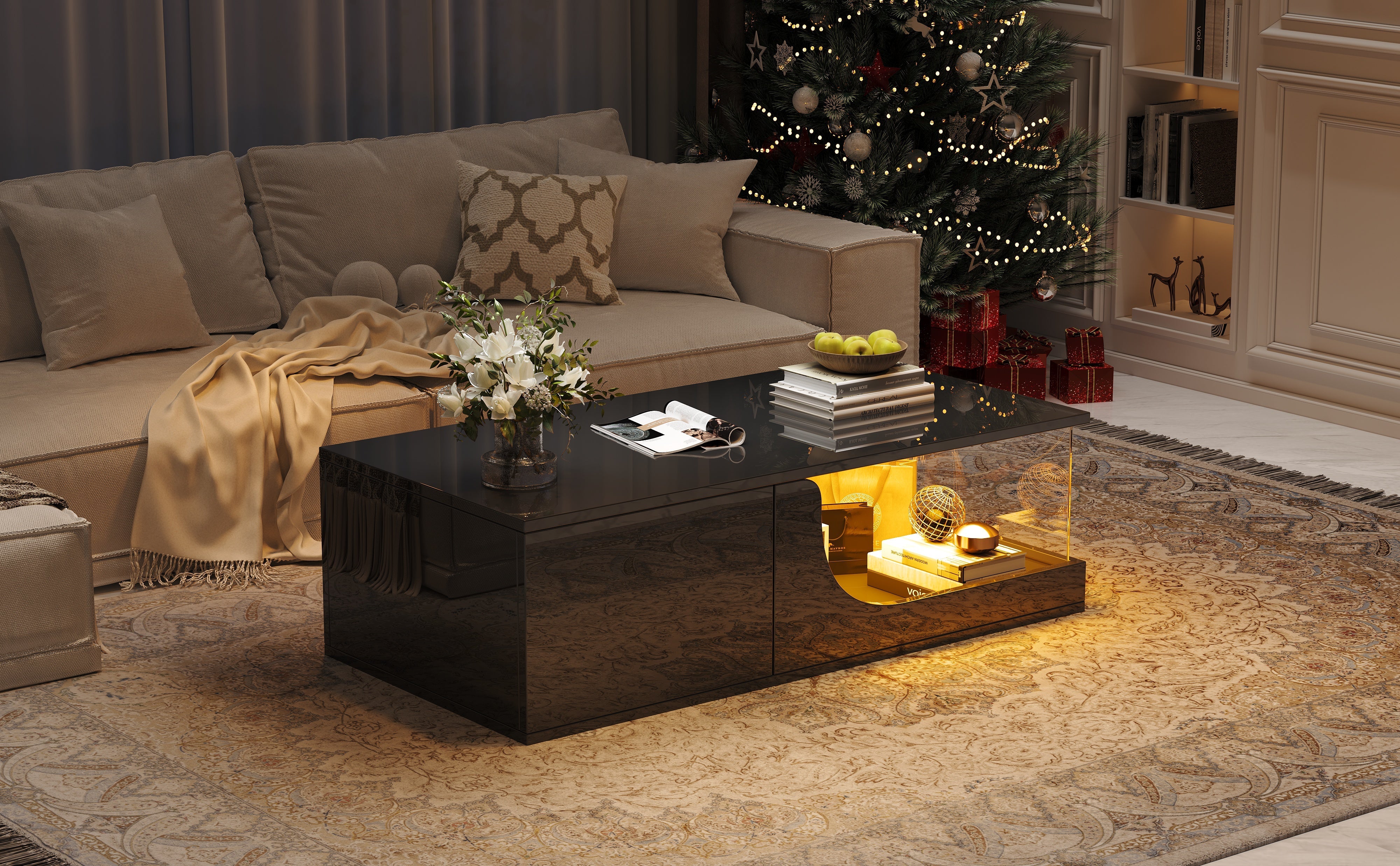 Logidon Zwarte hoogglans salontafel 100x50x30 cm LED-verlichting