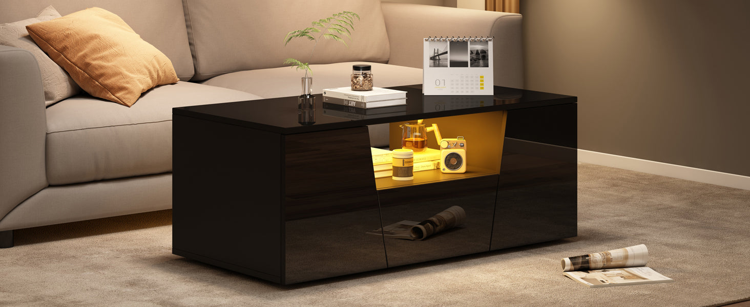 Logidon coffee table 100x50x40 cm black with LED 2 cabinets 1 drawer