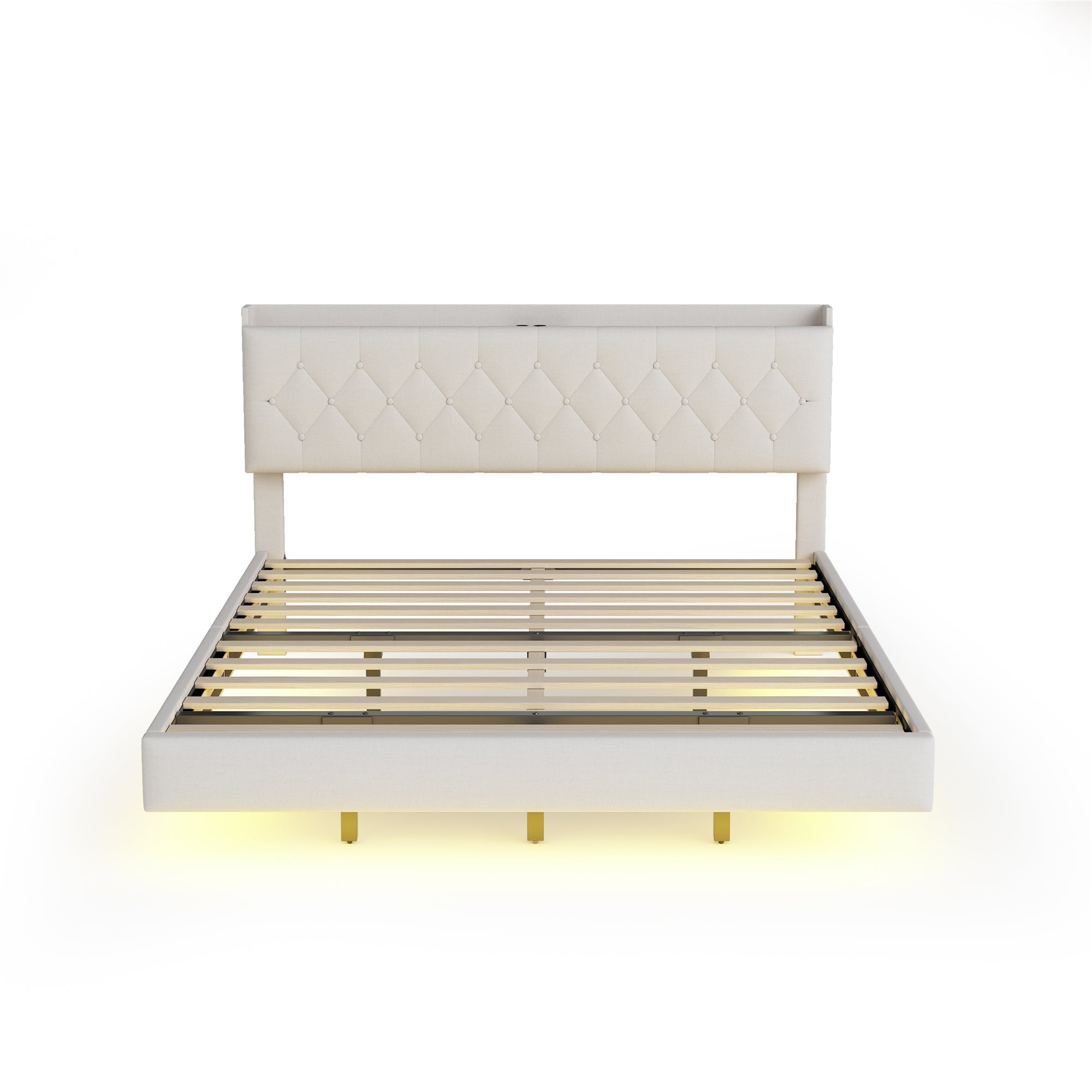 Logidon gestoffeerd bed 140x200 cm beige USB-oplaadpoort LED-lichtstrip