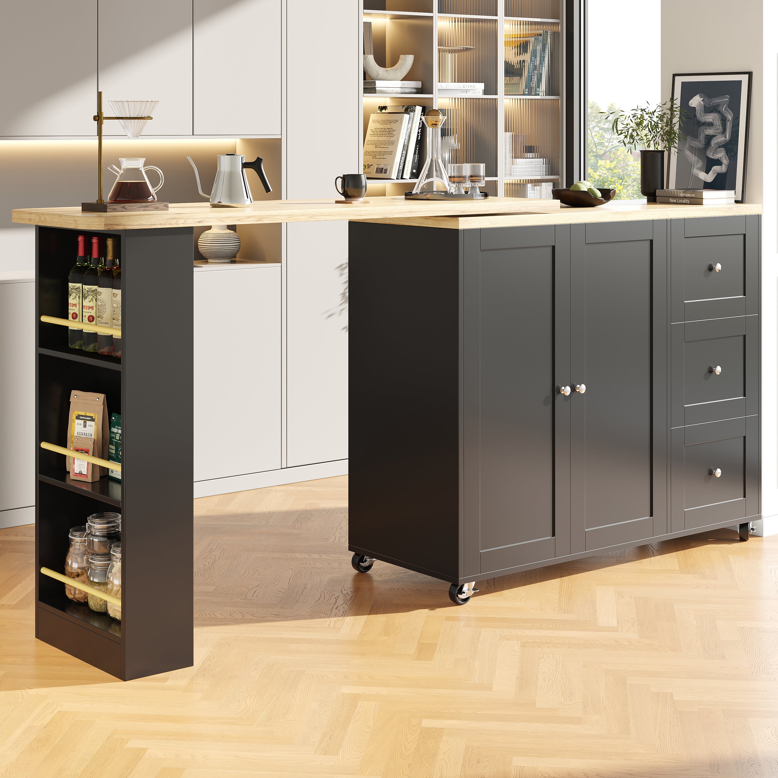 Logidon 360 graden draaibare eettafel zwart 138-209x39x104 met wielen