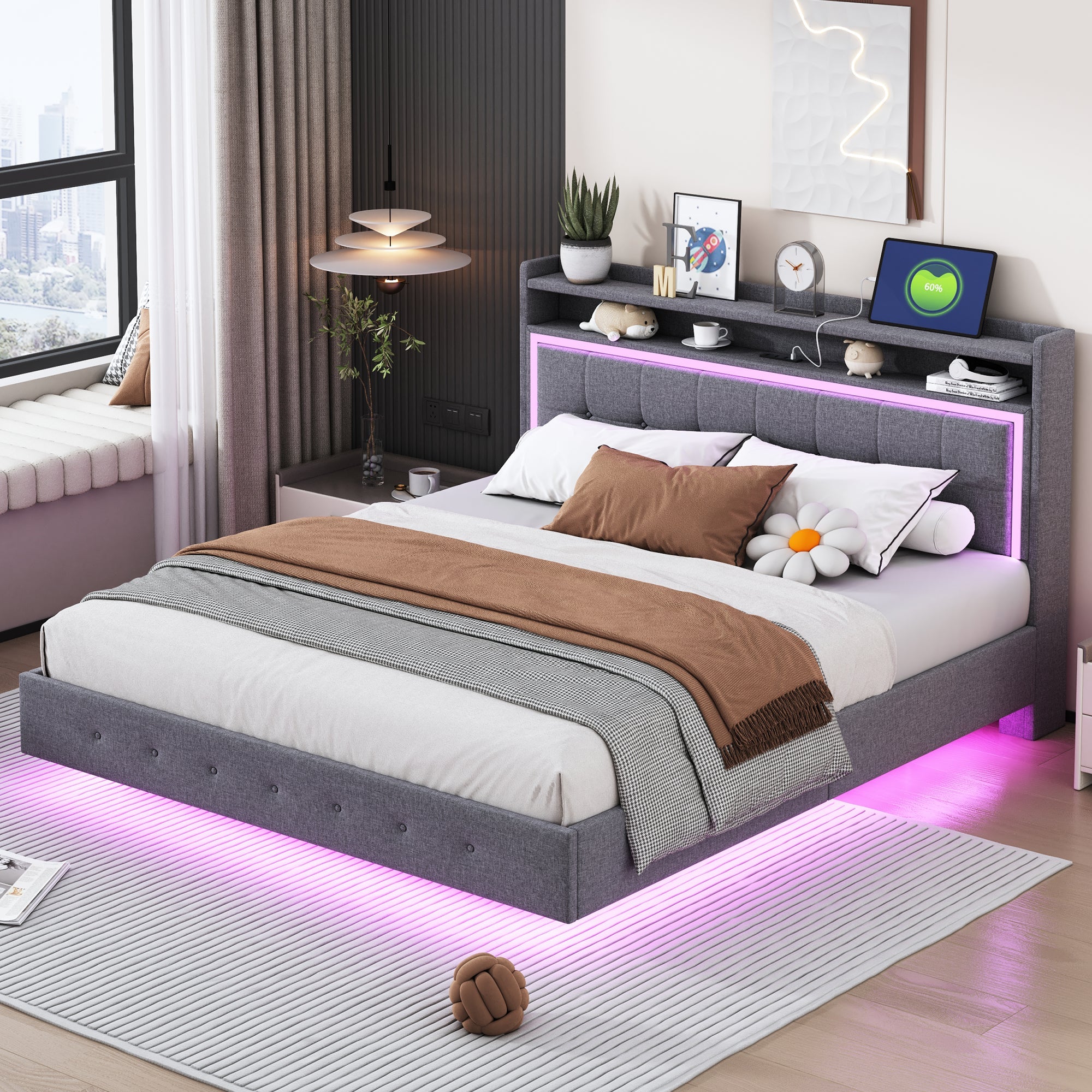 Logidon gestoffeerd bed 160x200 met USB-oplaadfunctie en LED lichtgrijs