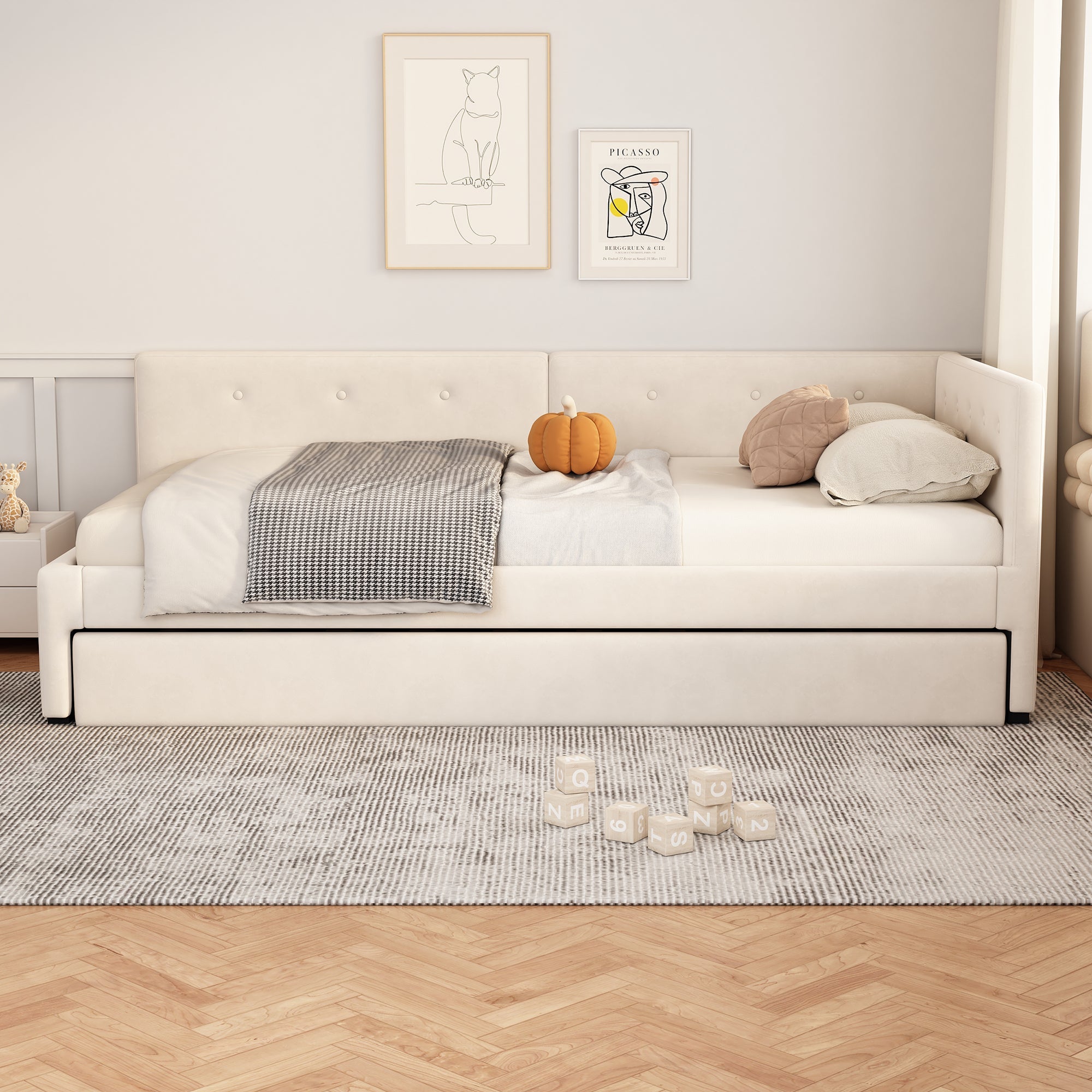 Logidon gestoffeerd bed 90x200 cm beige met lattenbodem en hoofdbord
