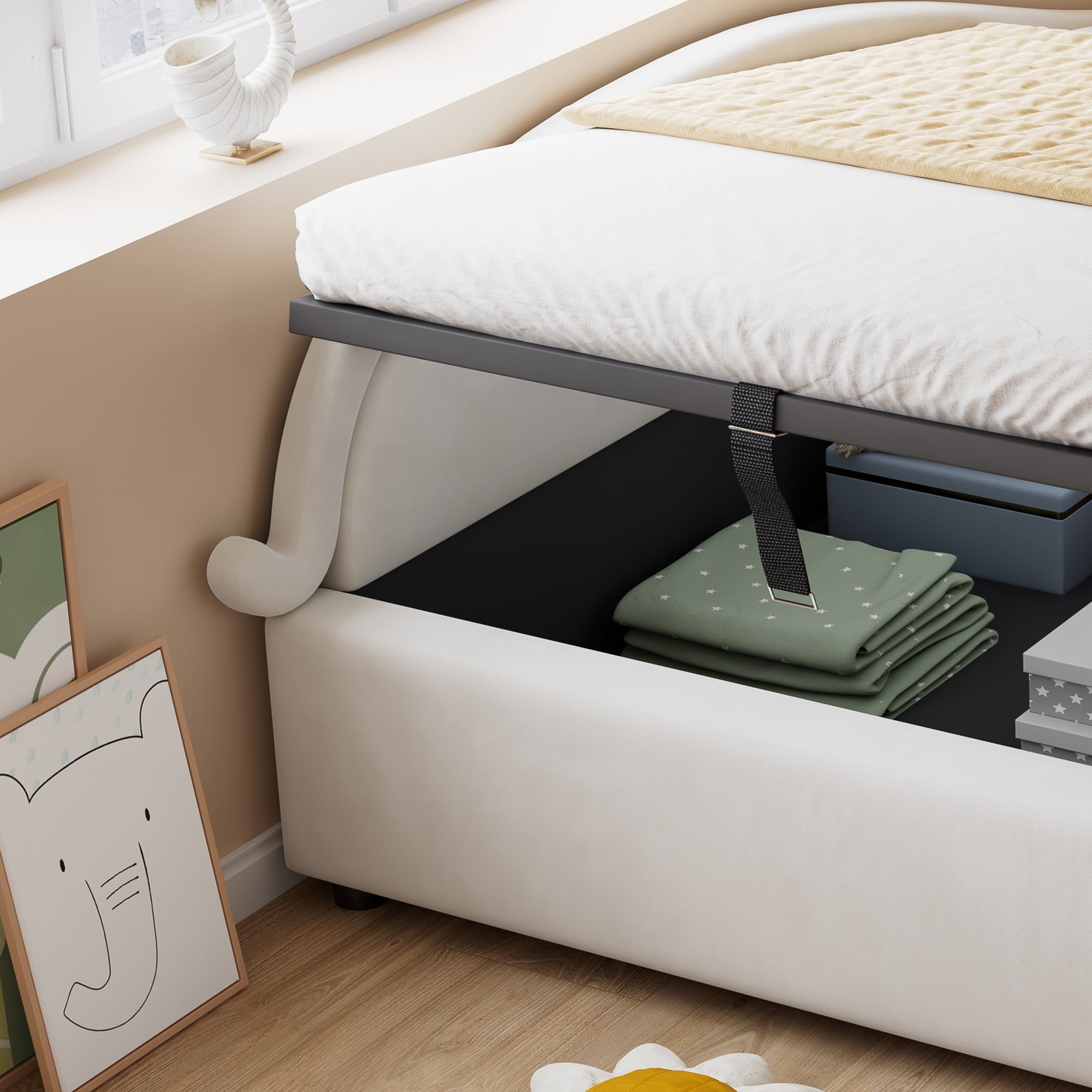 Logidon gestoffeerd kinderbed 90x200 beige kattendesign met opbergruimte