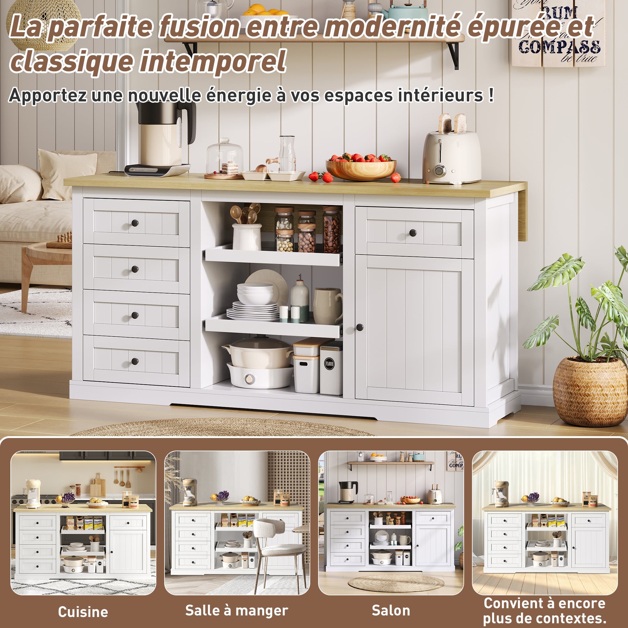 Logidon dressoir keukeneiland wit houten blad 5 laden 150x65x75 cm