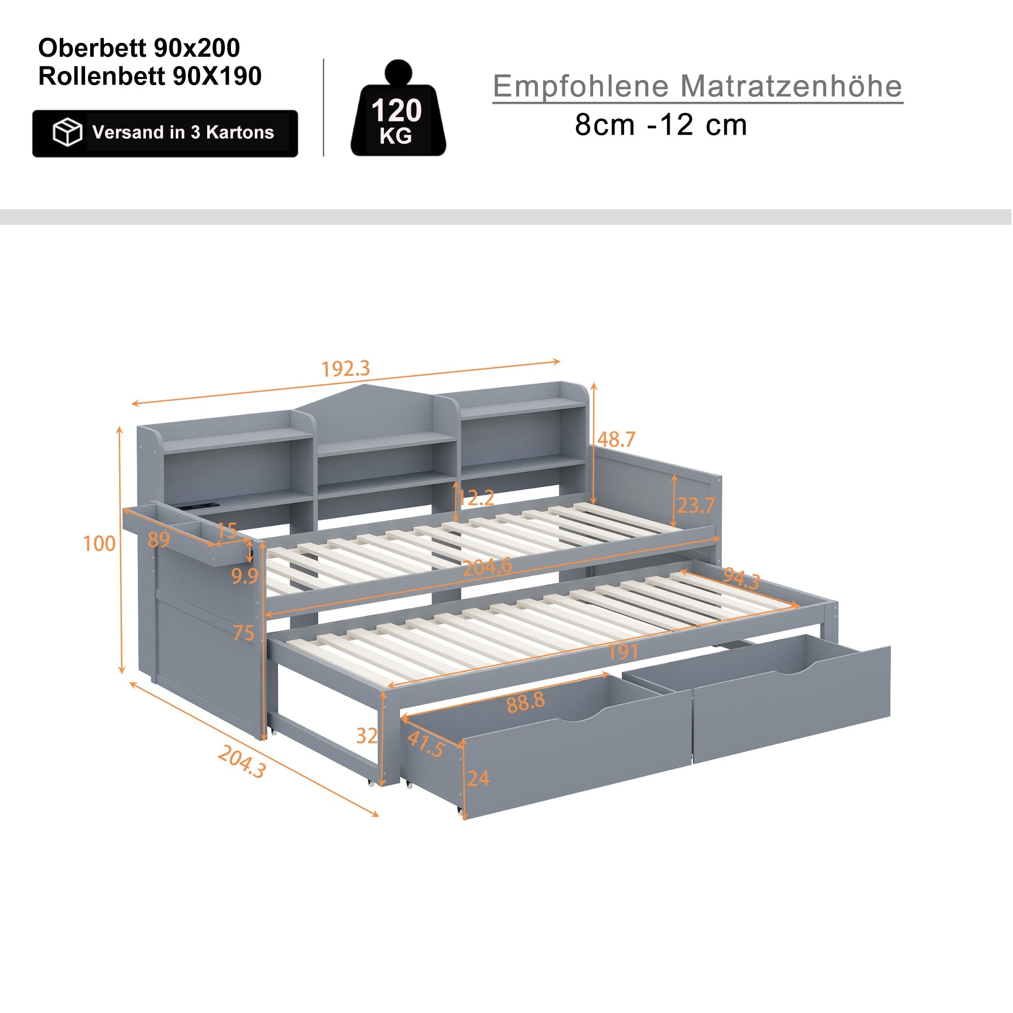Logidon slaapbank 90x200 grijs met uitschuifbaar bed 90x190 USB