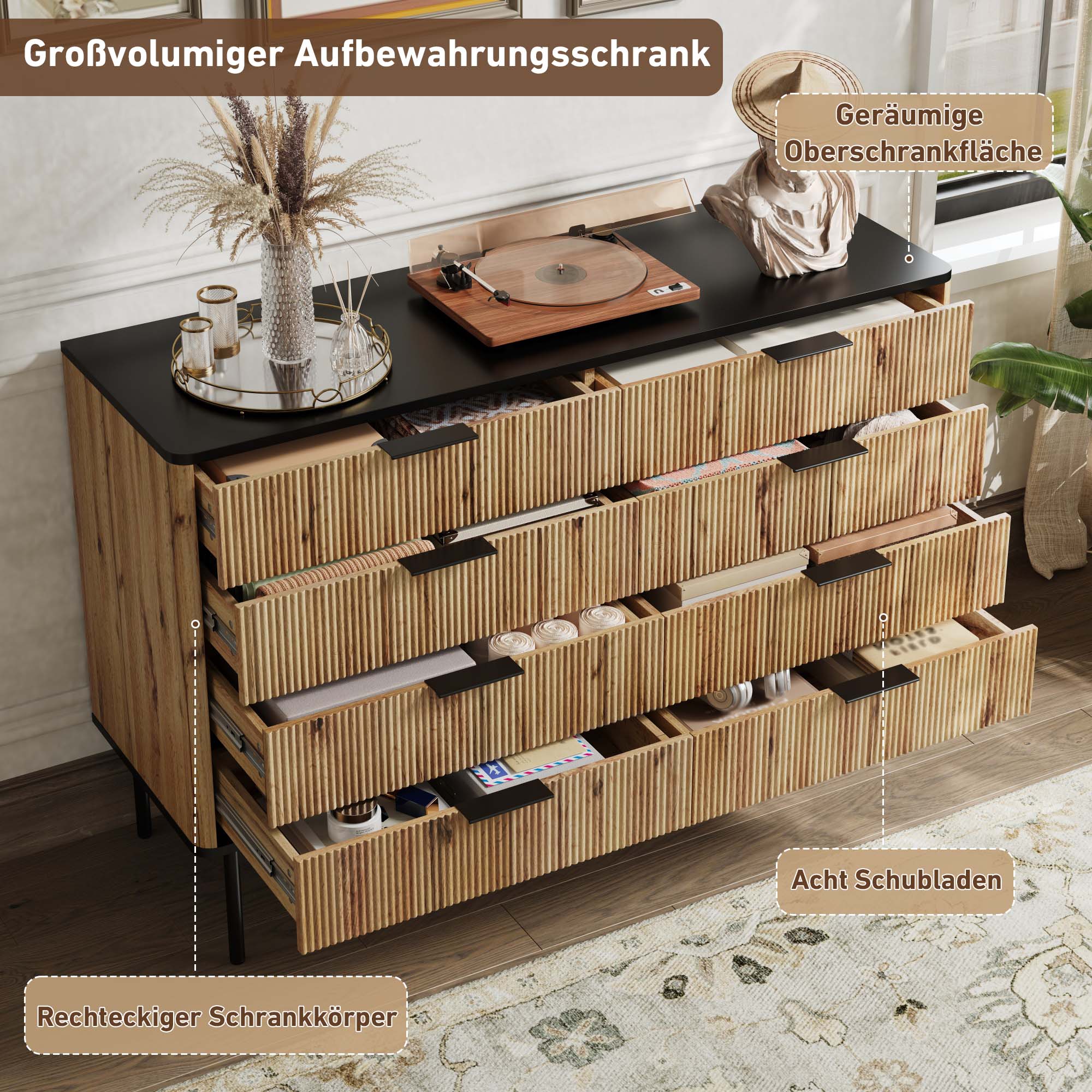 Logidon Modern dressoir 120x39,5x80 9 laden natuurlijke houtlook