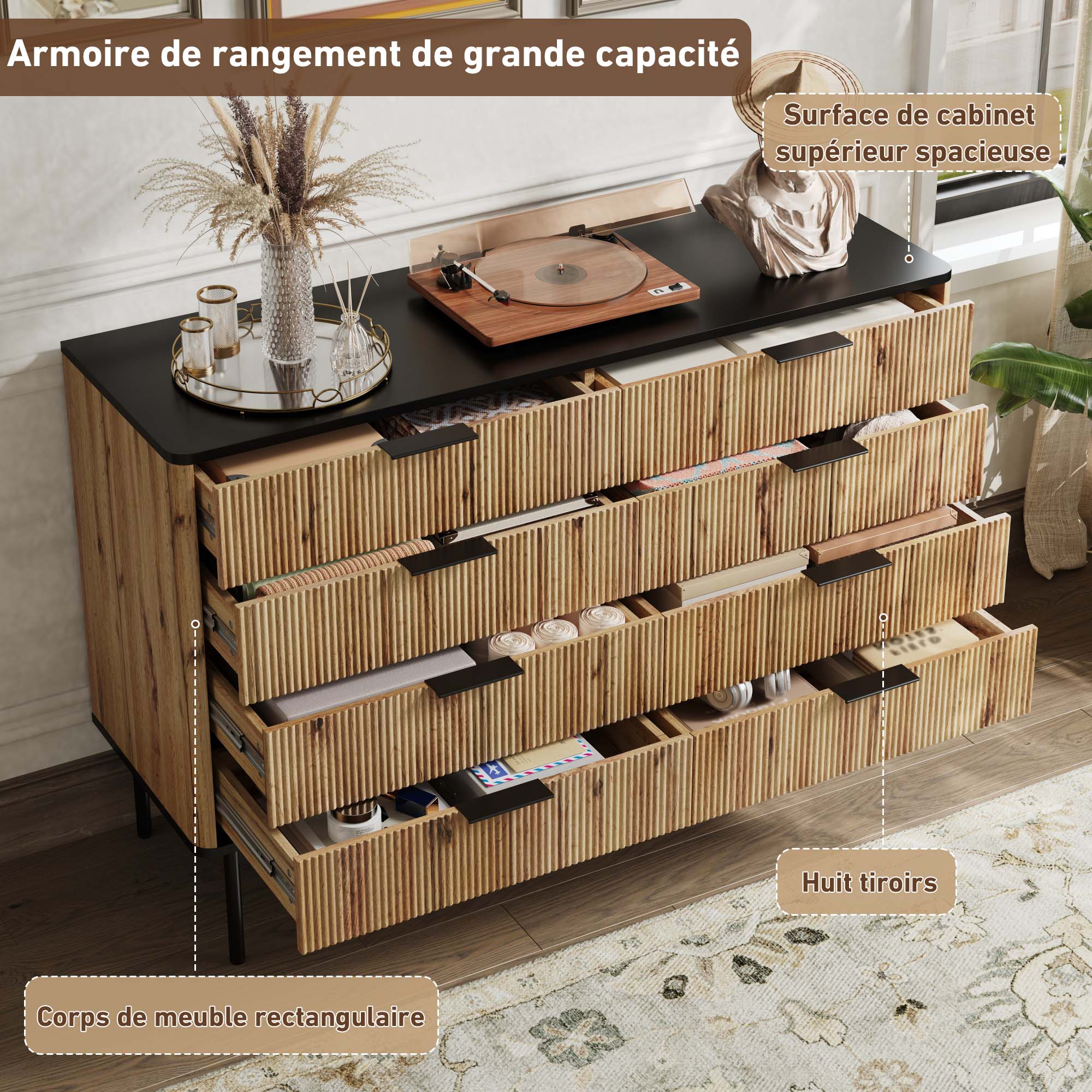 Logidon Modern dressoir 120x39,5x80 9 laden natuurlijke houtlook