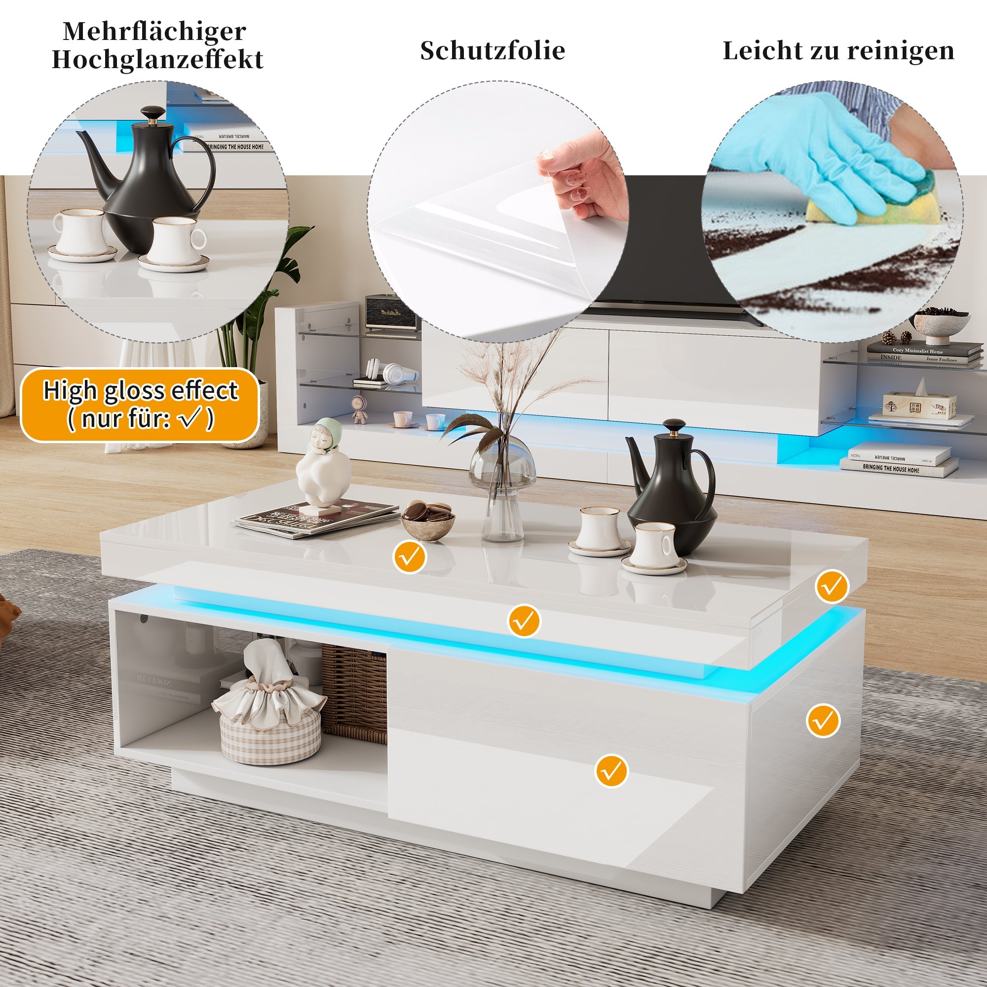 Logidon hoogglans witte salontafel met LED verlichting 100x50x40,3 cm