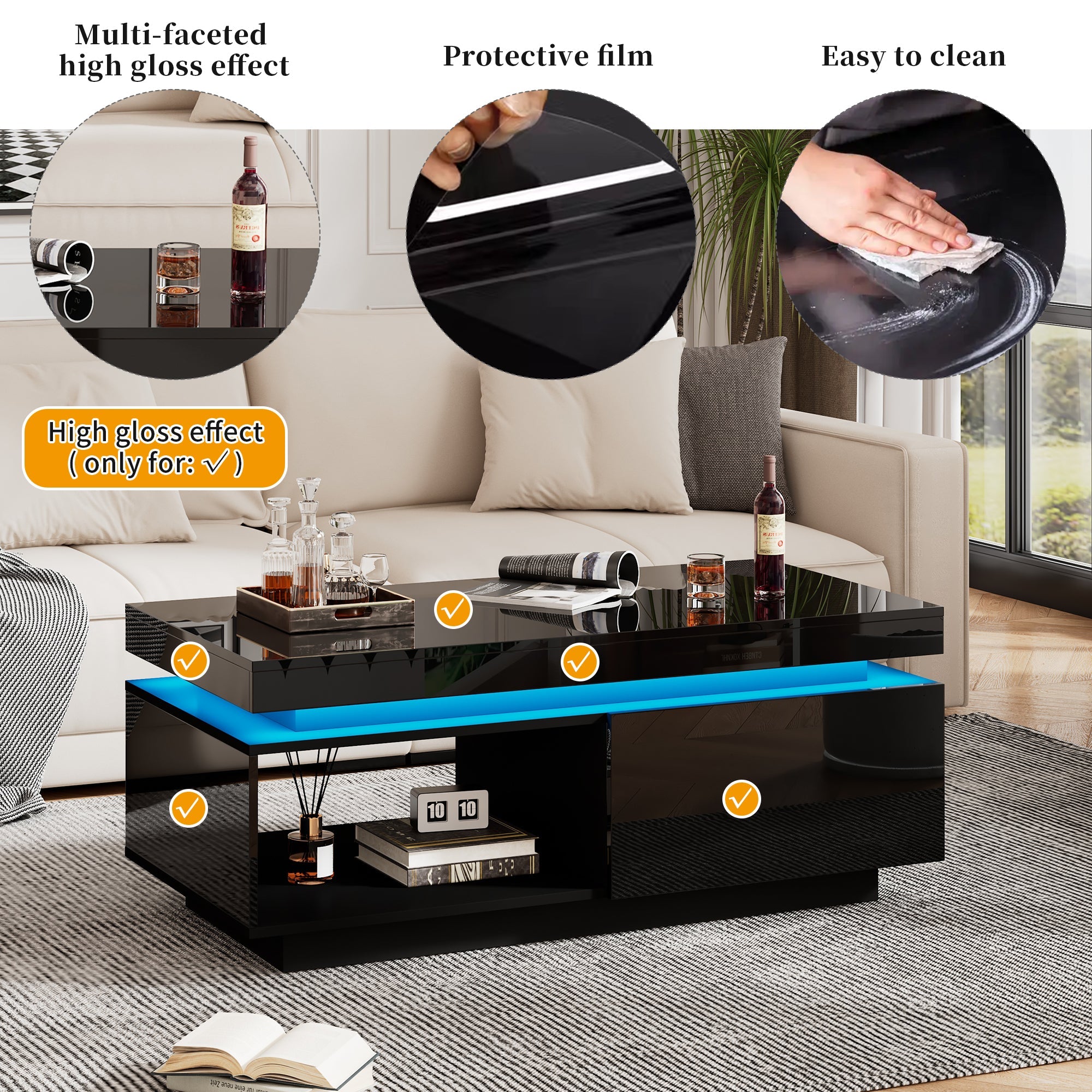 Logidon hoogglans salontafel zwart met LED verlichting 100x50x40 cm